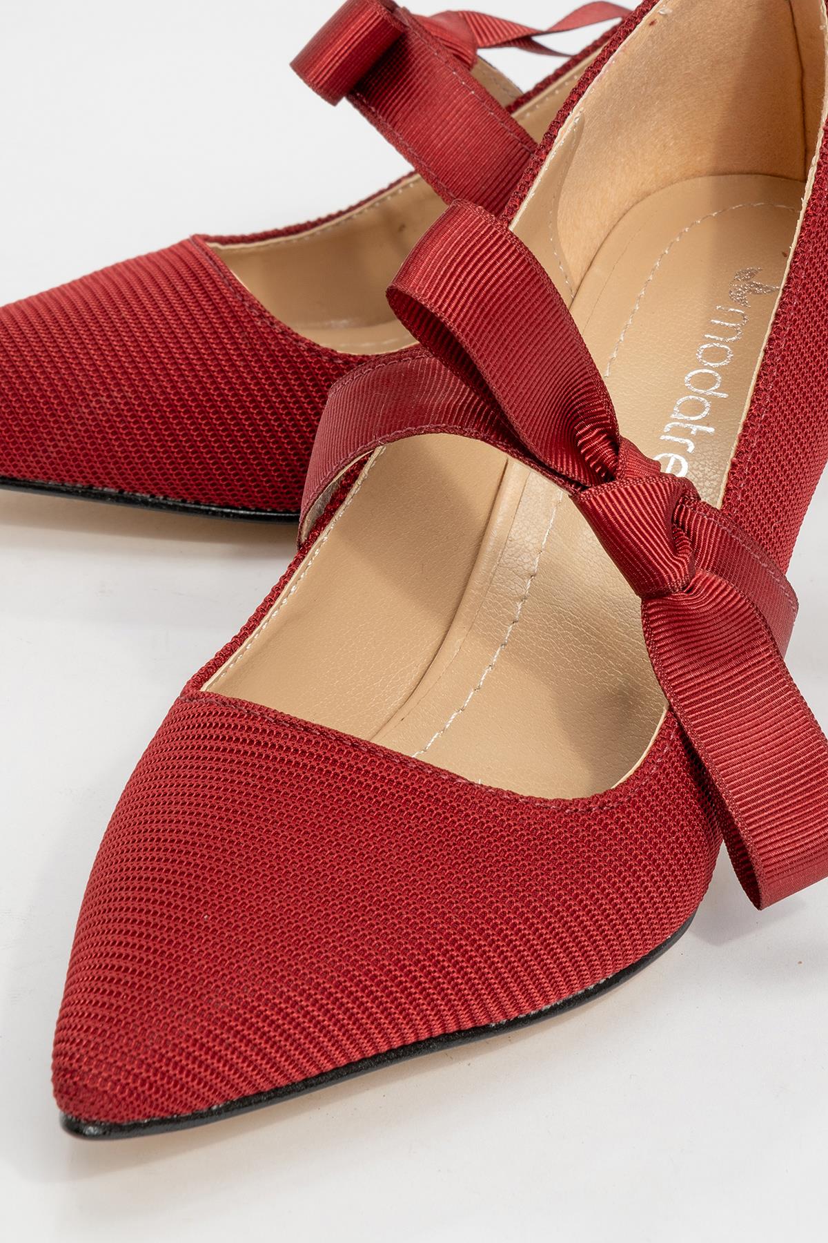 Kurdeleli Kadın Topuklu Ayakkabı BORDO - Görsel 4