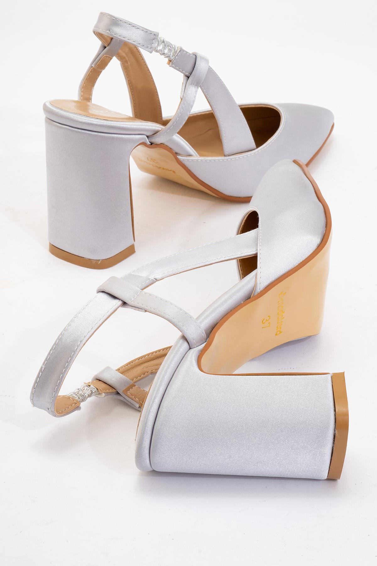 Kadın Arkası Açık Topuklu Ayakkabı GÜMÜŞ SATEN - Görsel 5