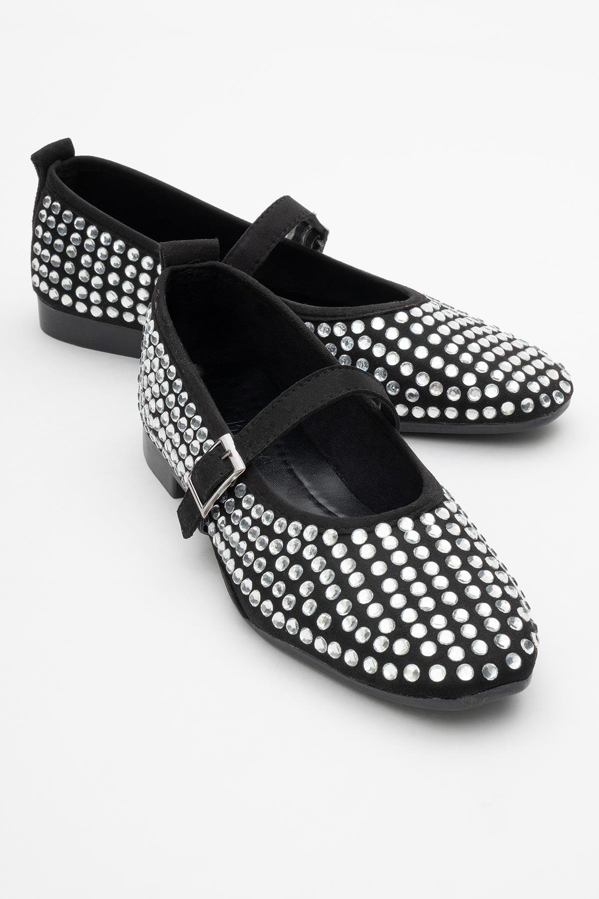 Kadın Kemerli Taşlı Küt Burunlu Babet SİYAH GÜMÜŞ - Görsel 2