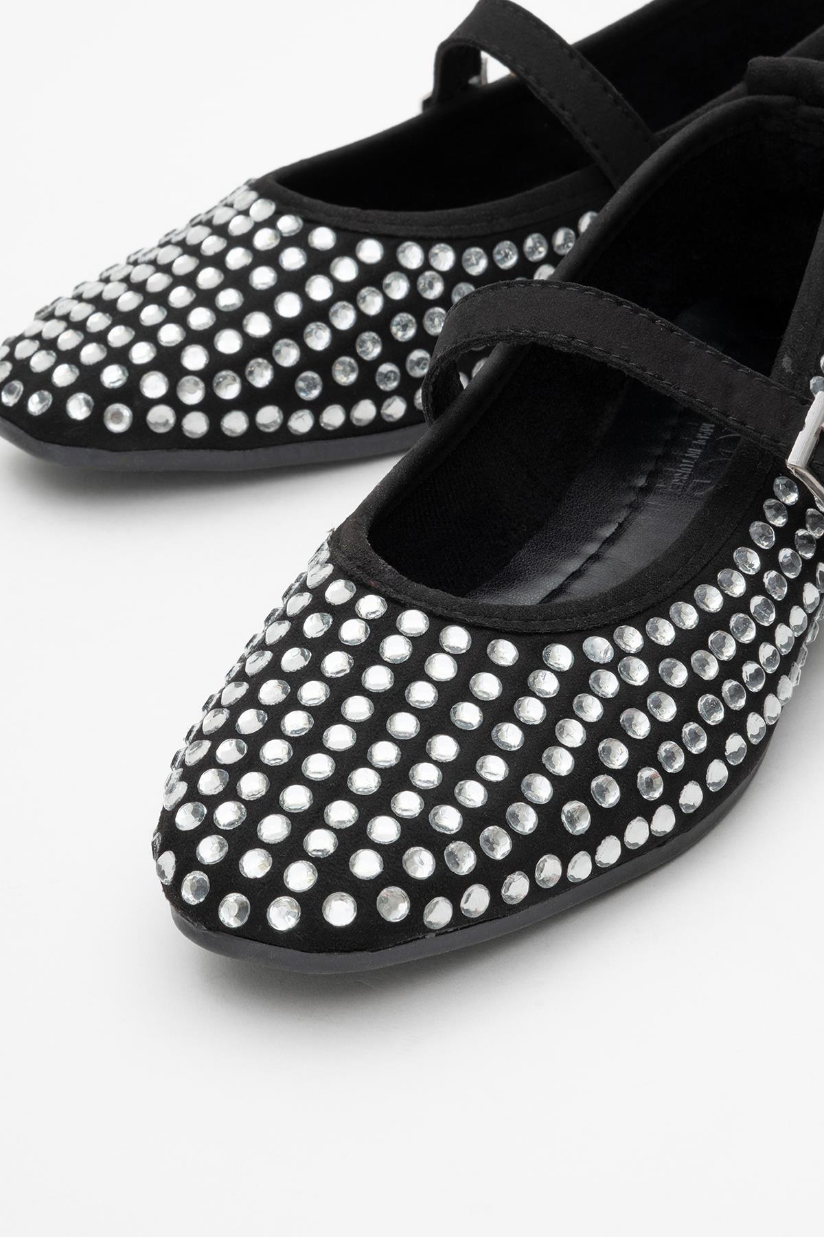 Kadın Kemerli Taşlı Küt Burunlu Babet SİYAH GÜMÜŞ - Görsel 4