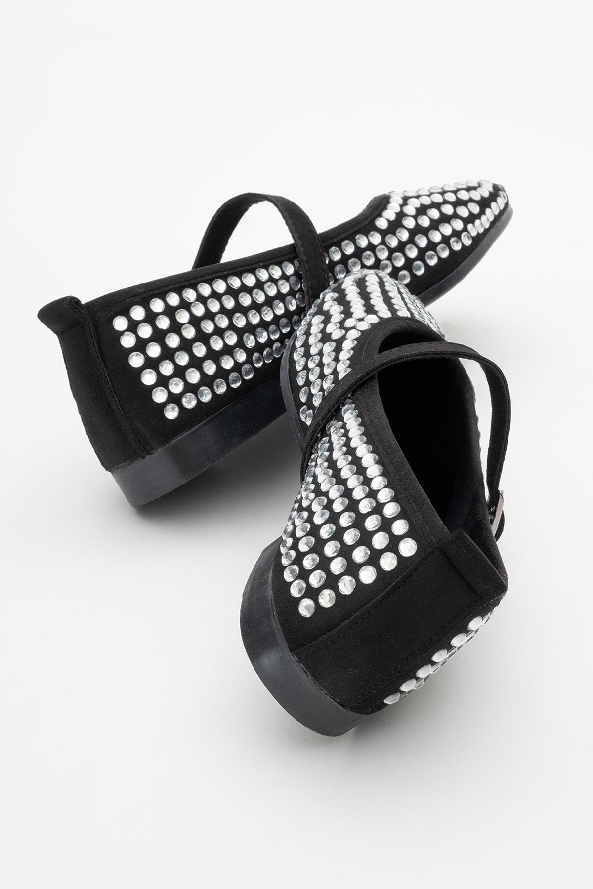 Kadın Kemerli Taşlı Küt Burunlu Babet SİYAH GÜMÜŞ - Görsel 5