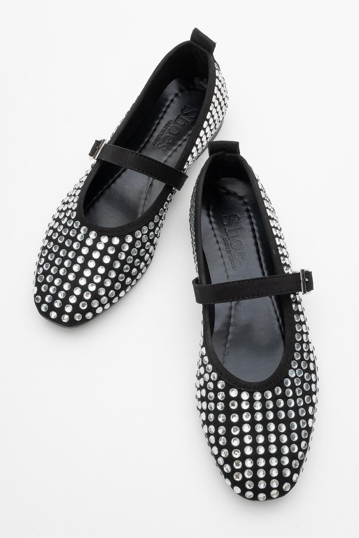 Kadın Kemerli Taşlı Küt Burunlu Babet SİYAH GÜMÜŞ - Görsel 6