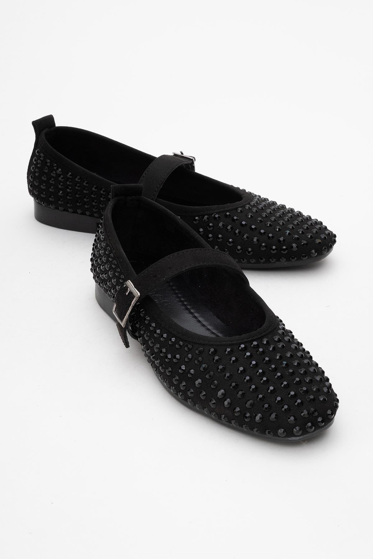 Kadın Kemerli Taşlı Küt Burunlu Babet SİYAH - Görsel 2