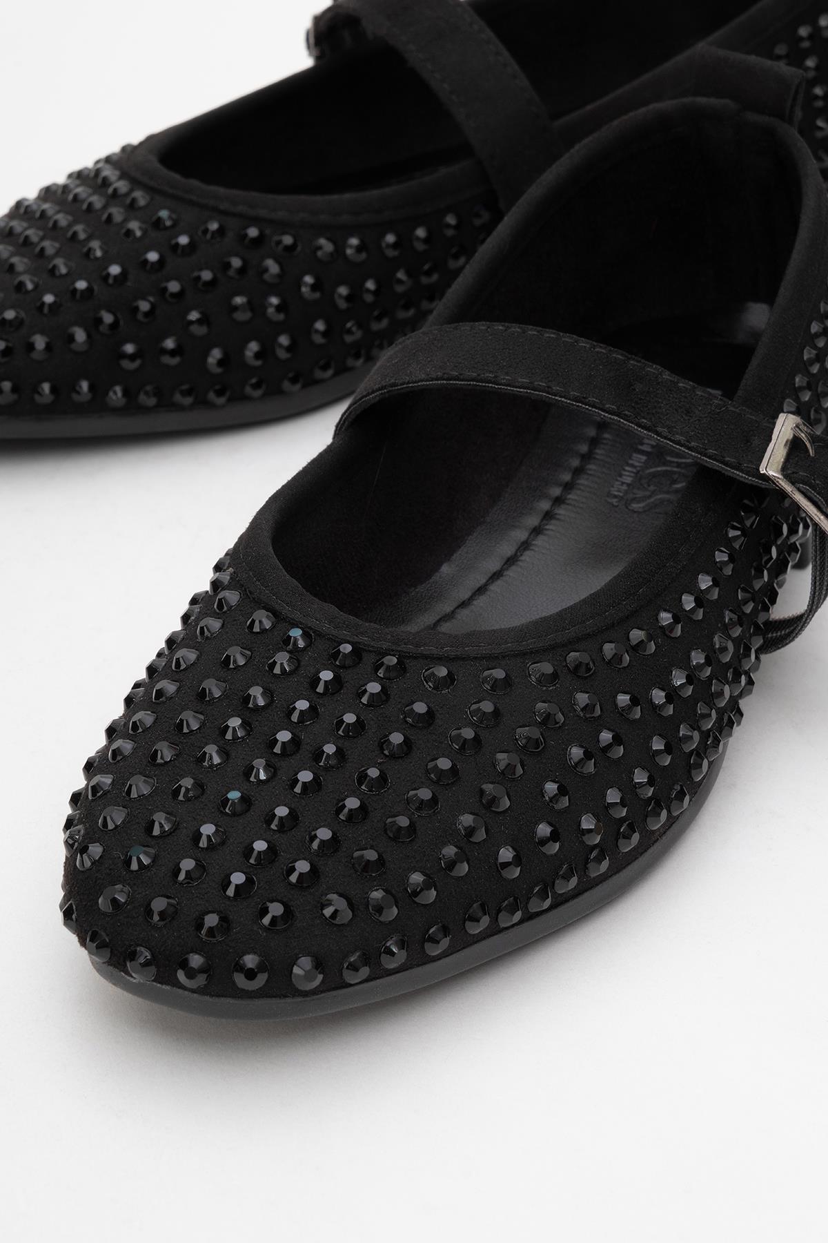 Kadın Kemerli Taşlı Küt Burunlu Babet SİYAH - Görsel 4