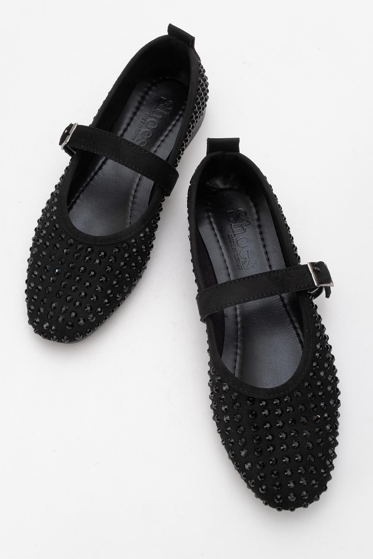 Kadın Kemerli Taşlı Küt Burunlu Babet SİYAH - Görsel 6