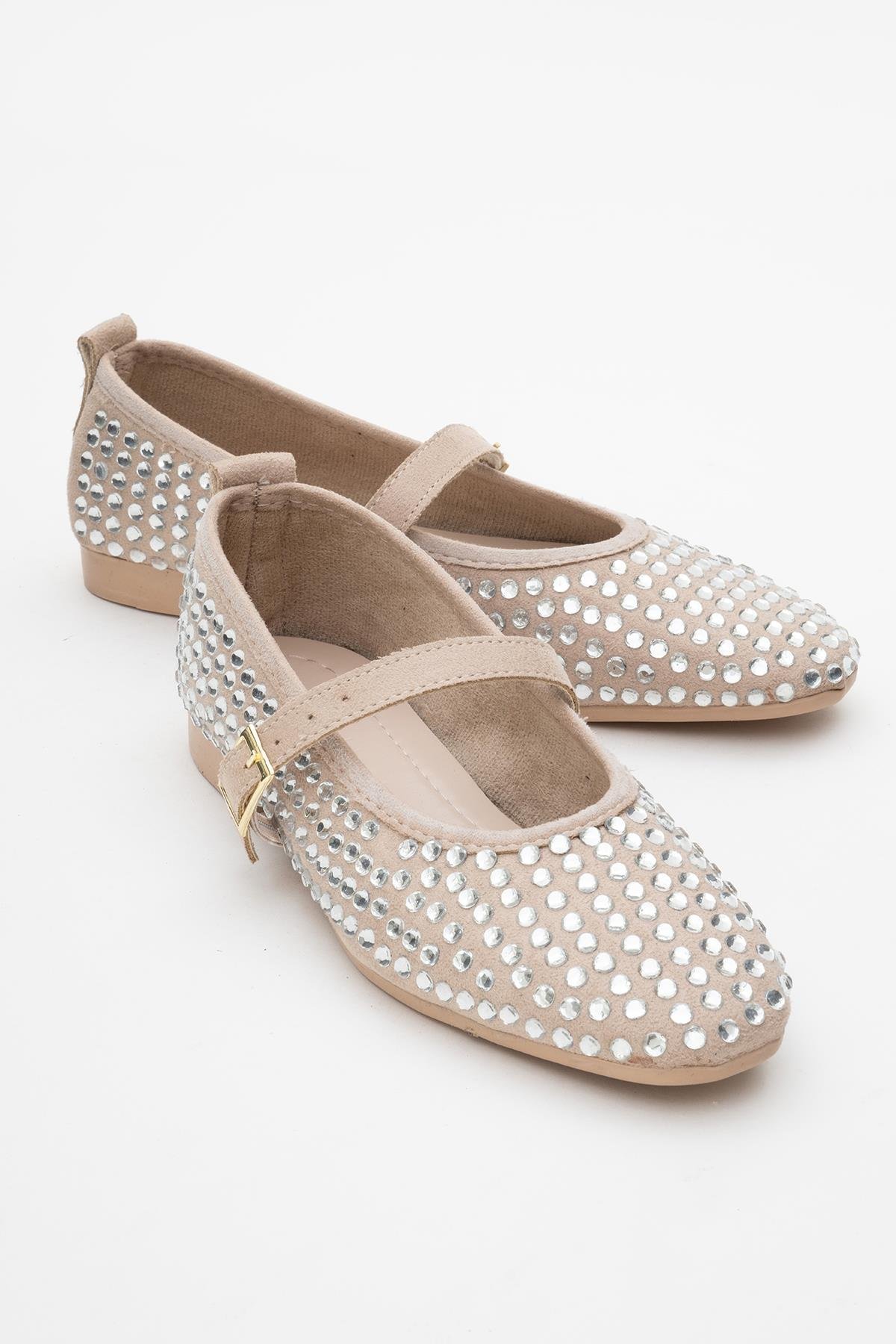 Kadın Kemerli Taşlı Küt Burunlu Babet BEJ GÜMÜŞ - Görsel 2