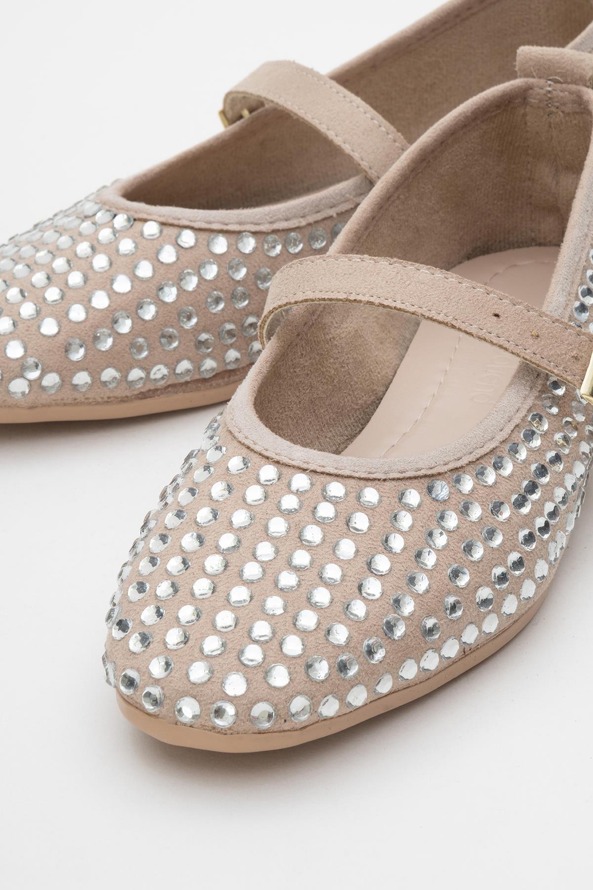 Kadın Kemerli Taşlı Küt Burunlu Babet BEJ GÜMÜŞ - Görsel 4