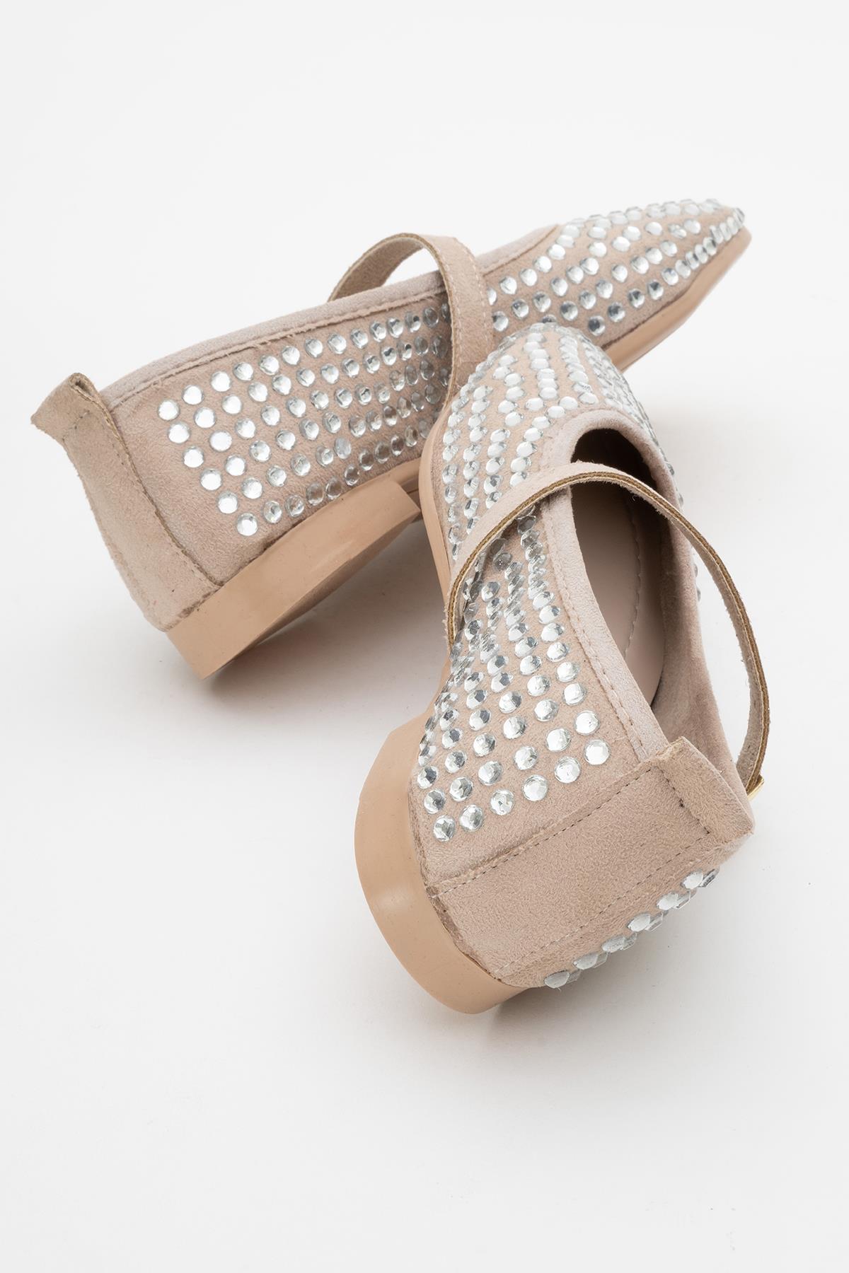 Kadın Kemerli Taşlı Küt Burunlu Babet BEJ GÜMÜŞ - Görsel 5