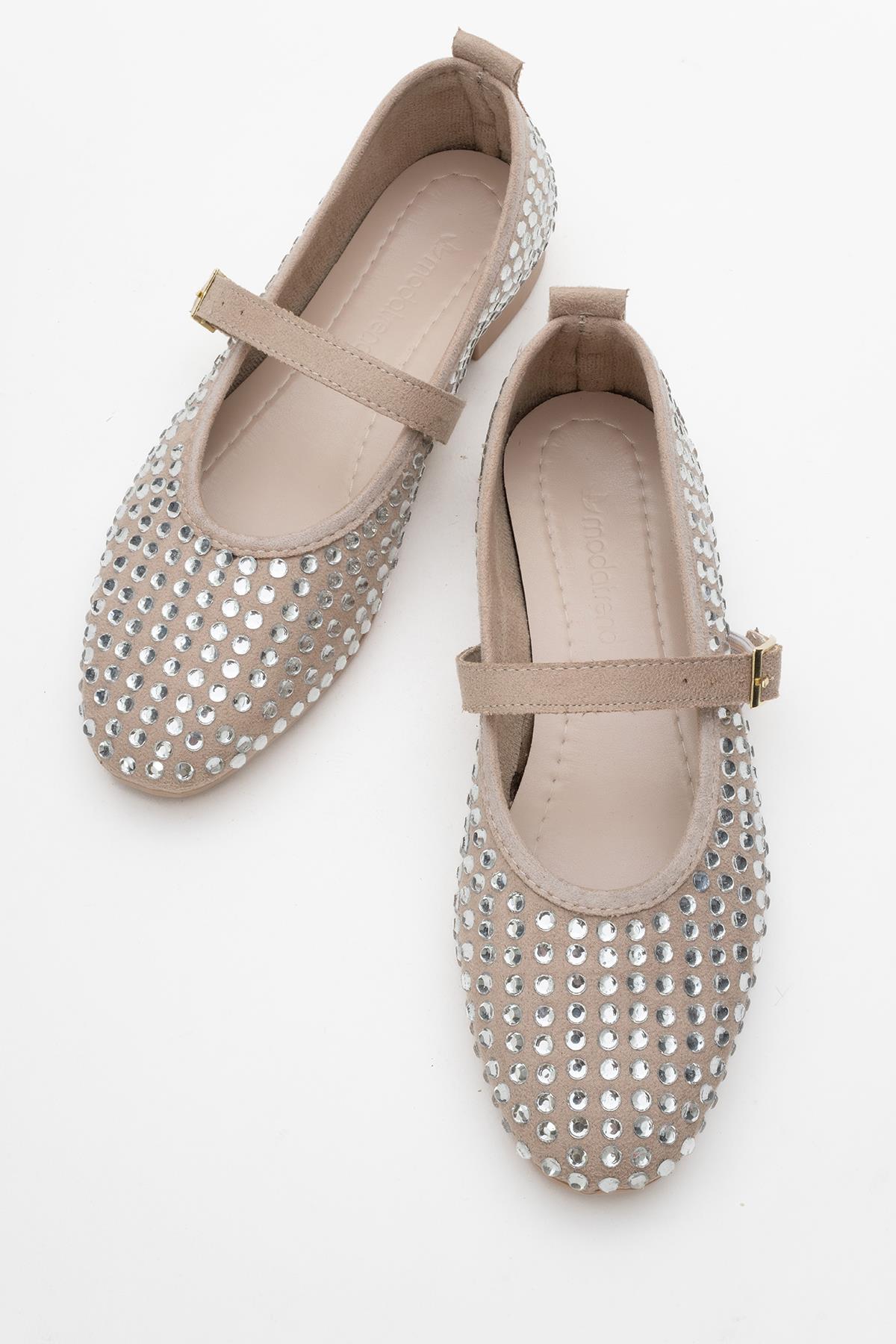 Kadın Kemerli Taşlı Küt Burunlu Babet BEJ GÜMÜŞ - Görsel 6