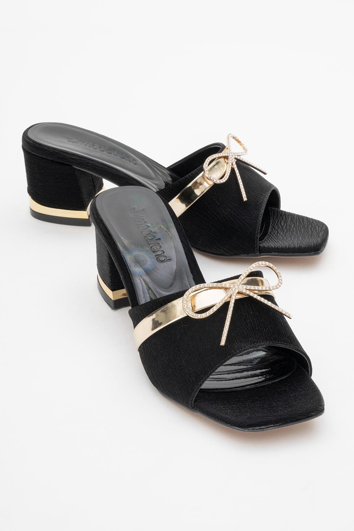 Taşlı Papyonlu Kadın Topuklu Terlik SİYAH KIRIŞIK SATEN - Görsel 2