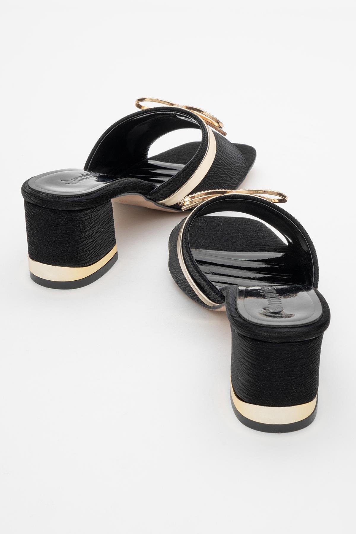 Taşlı Papyonlu Kadın Topuklu Terlik SİYAH KIRIŞIK SATEN - Görsel 5