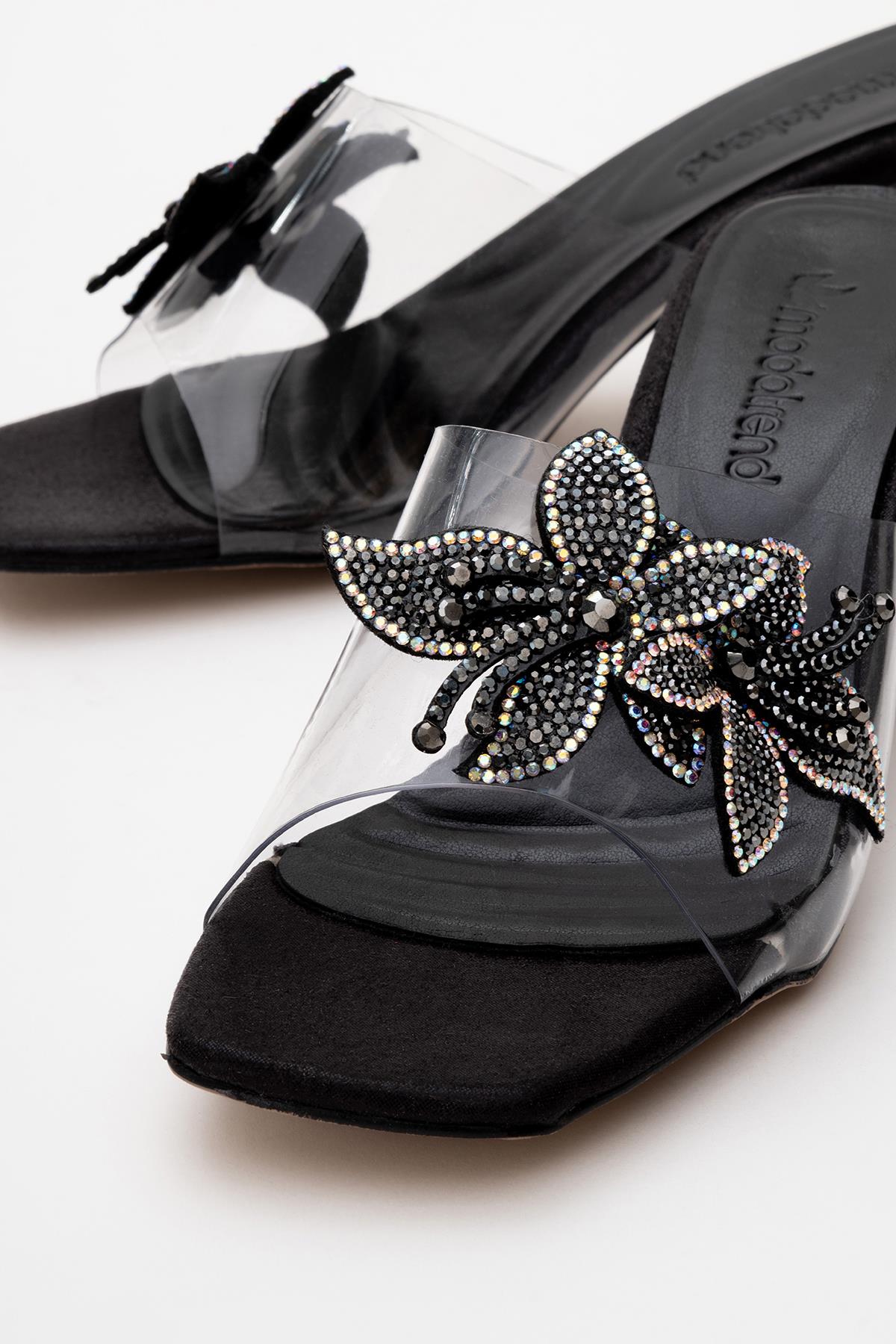 Kadın Taşlı Çiçekli Şeffaf Topuklu Terlik SİYAH - Görsel 4