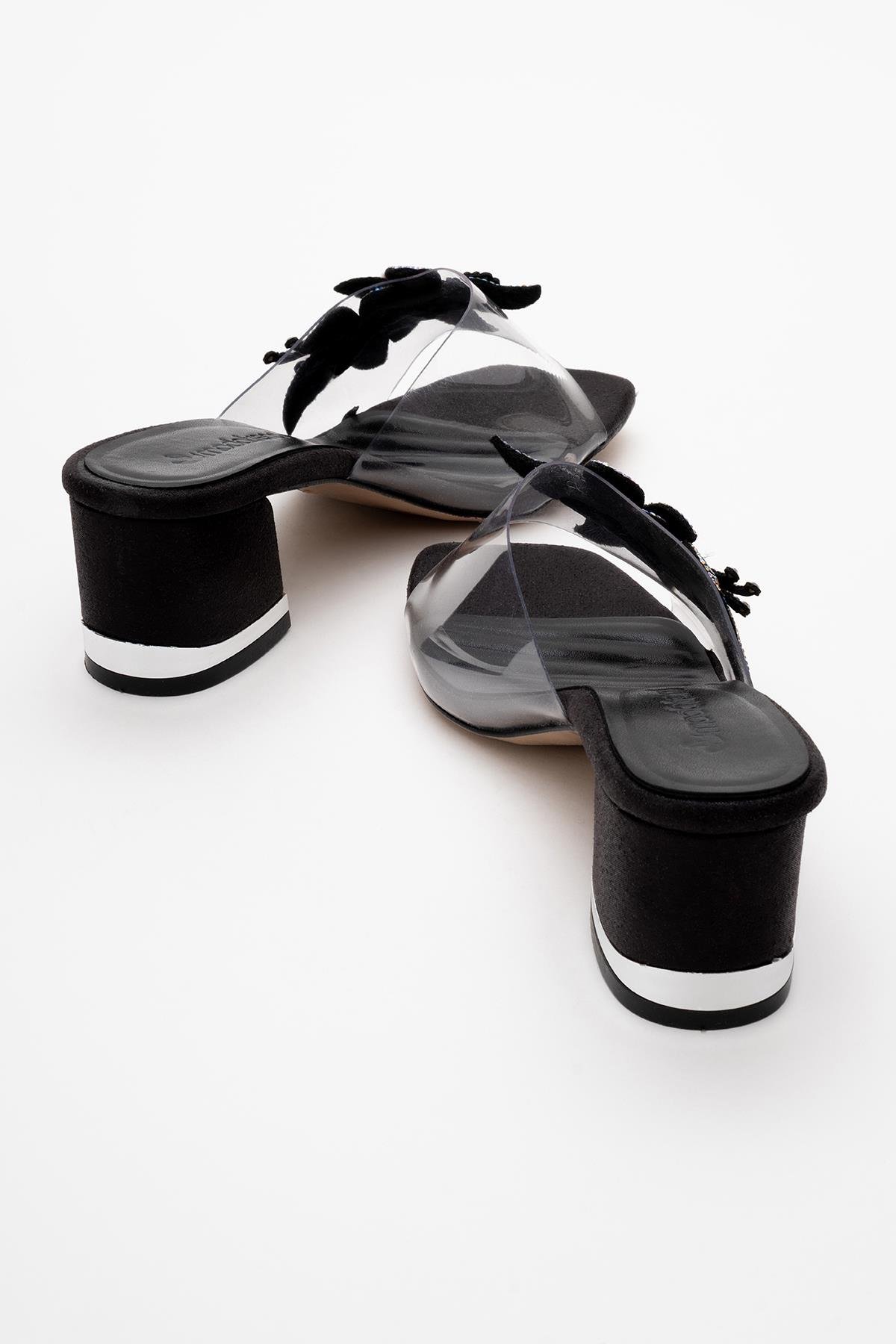 Kadın Taşlı Çiçekli Şeffaf Topuklu Terlik SİYAH - Görsel 5