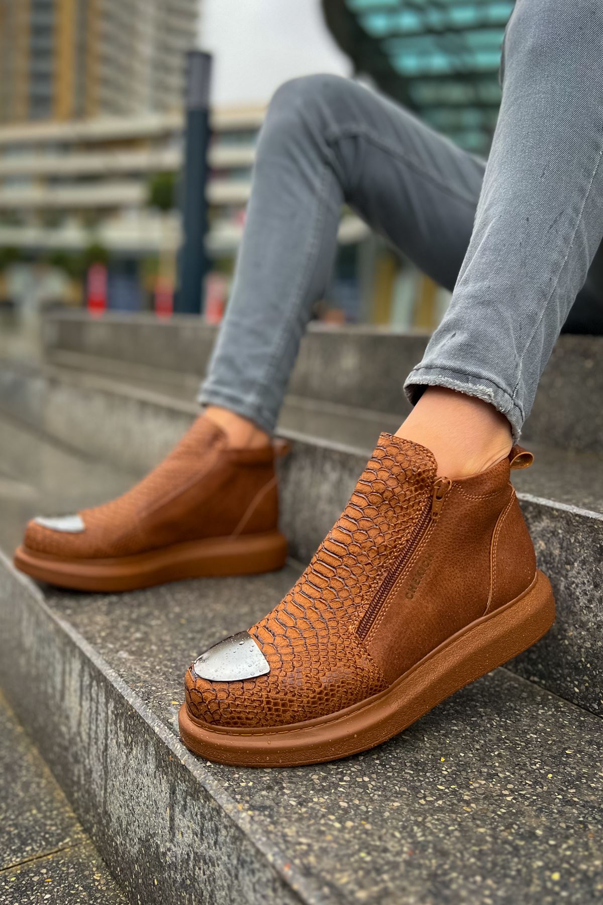 Fermuarlı Erkek Düz Bot Taba - Görsel 2