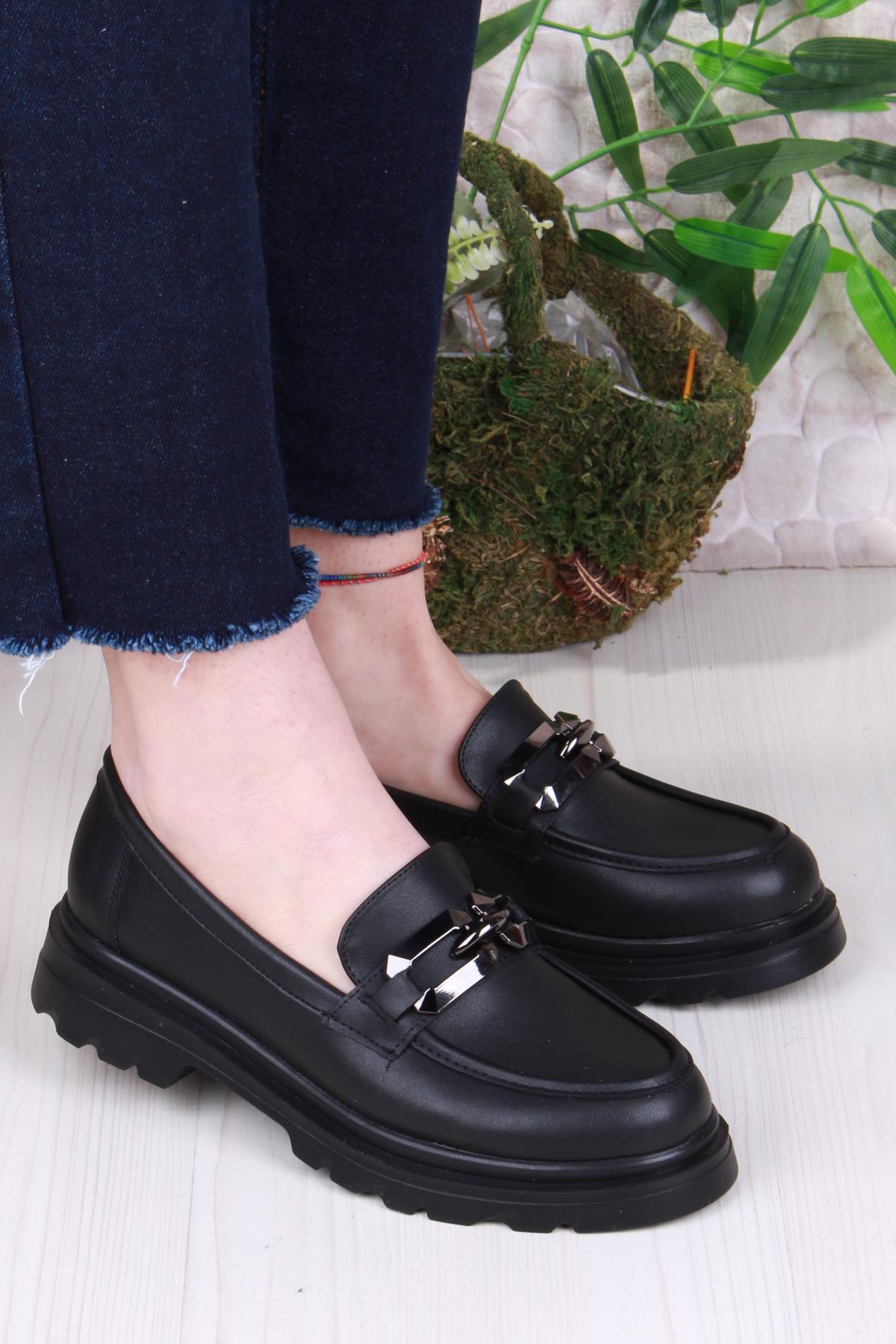 35827 Siyah Cilt Toka Detaylı Rahat Loafer Kadın Ayakkabı - Görsel 2