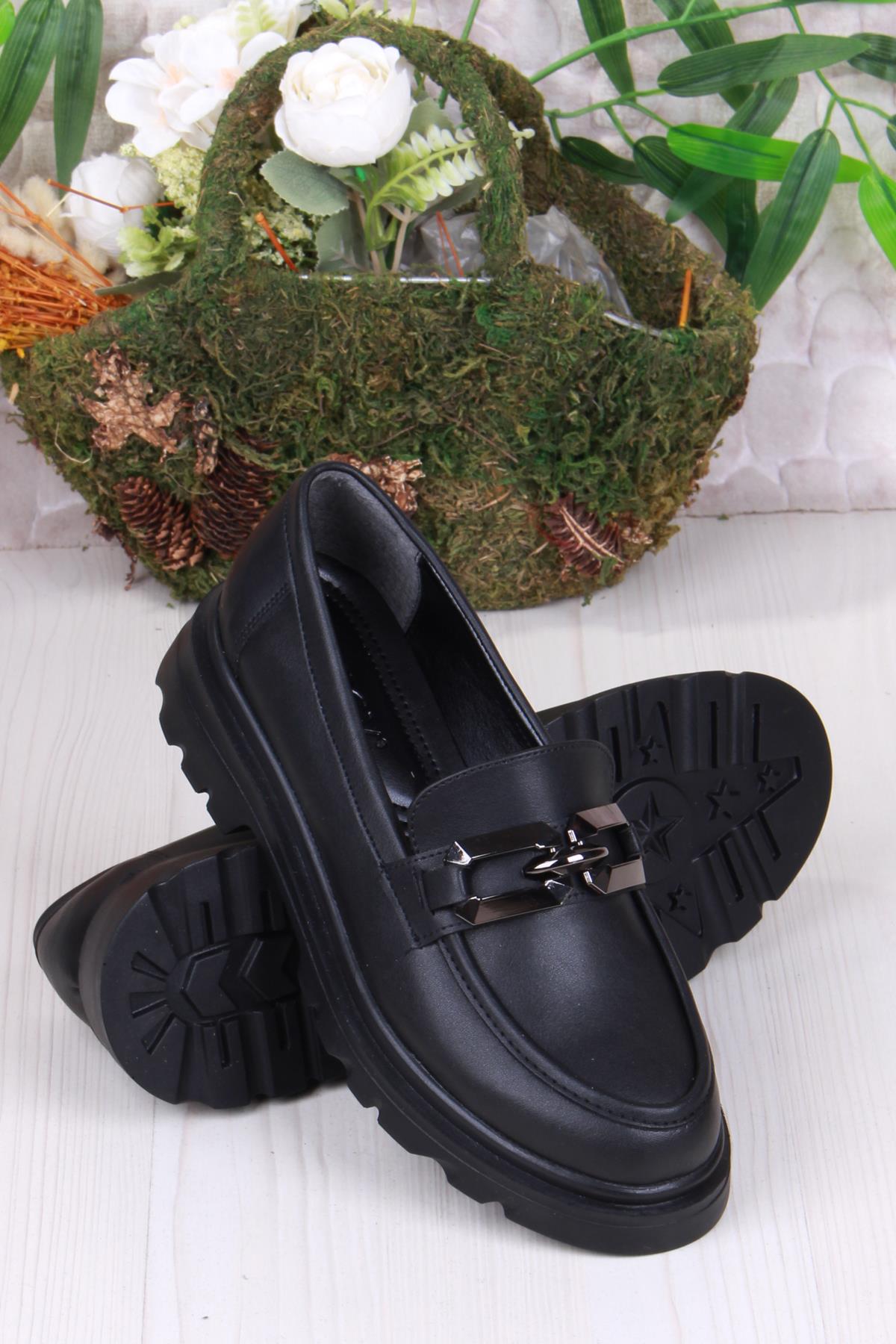 35827 Siyah Cilt Toka Detaylı Rahat Loafer Kadın Ayakkabı - Görsel 5