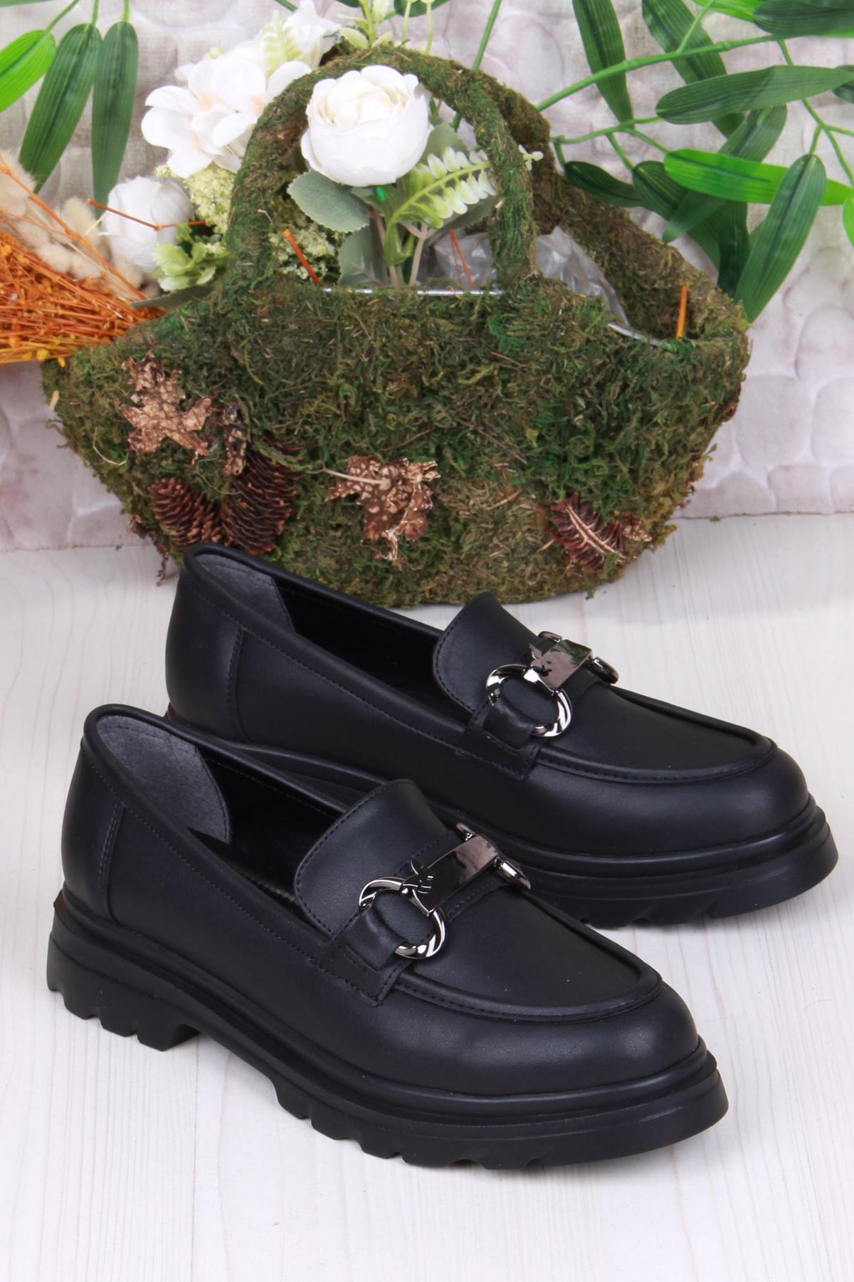 35821 Siyah Cilt Toka Detaylı Rahat Loafer Kadın Ayakkabı - Görsel 3