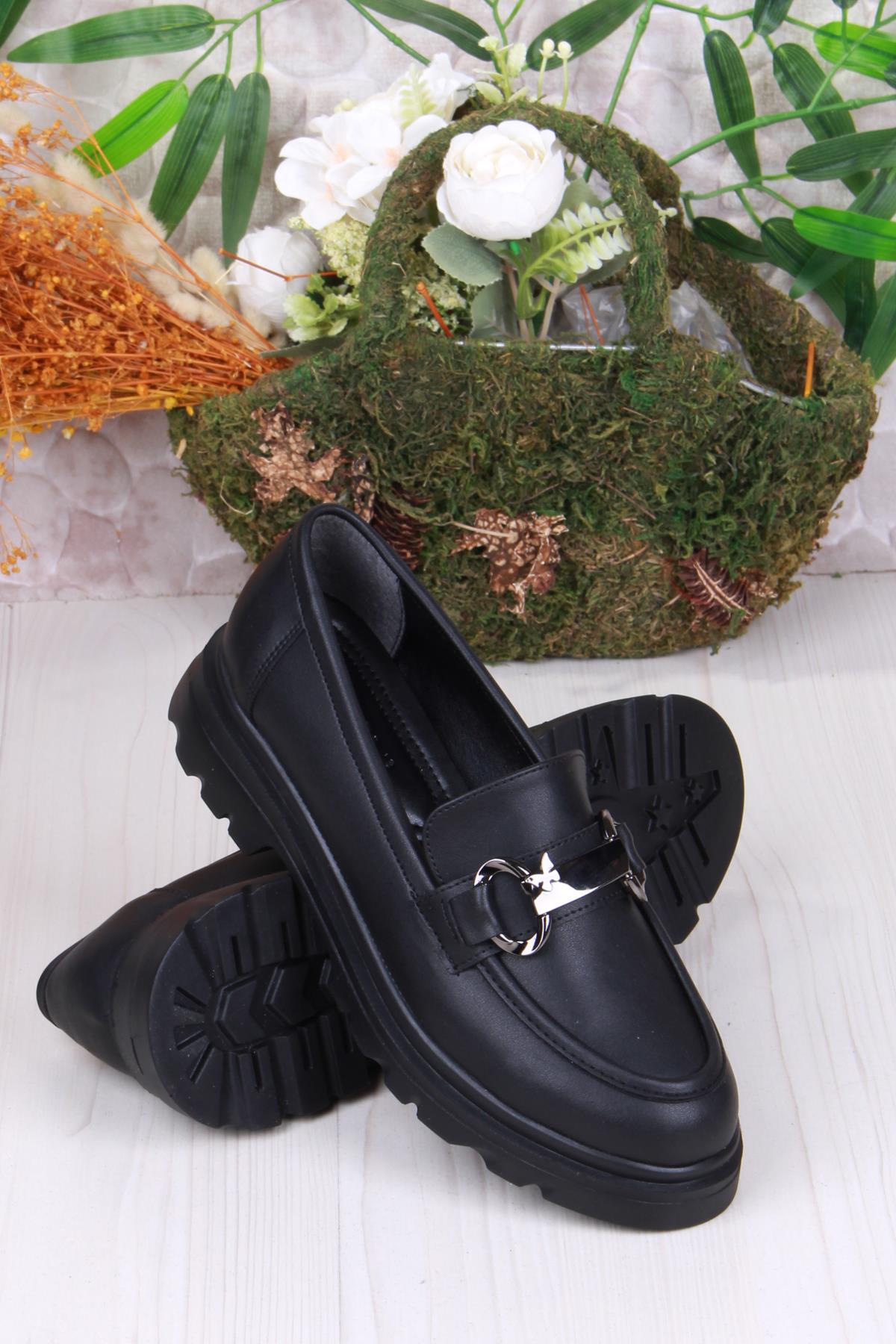 35821 Siyah Cilt Toka Detaylı Rahat Loafer Kadın Ayakkabı - Görsel 5