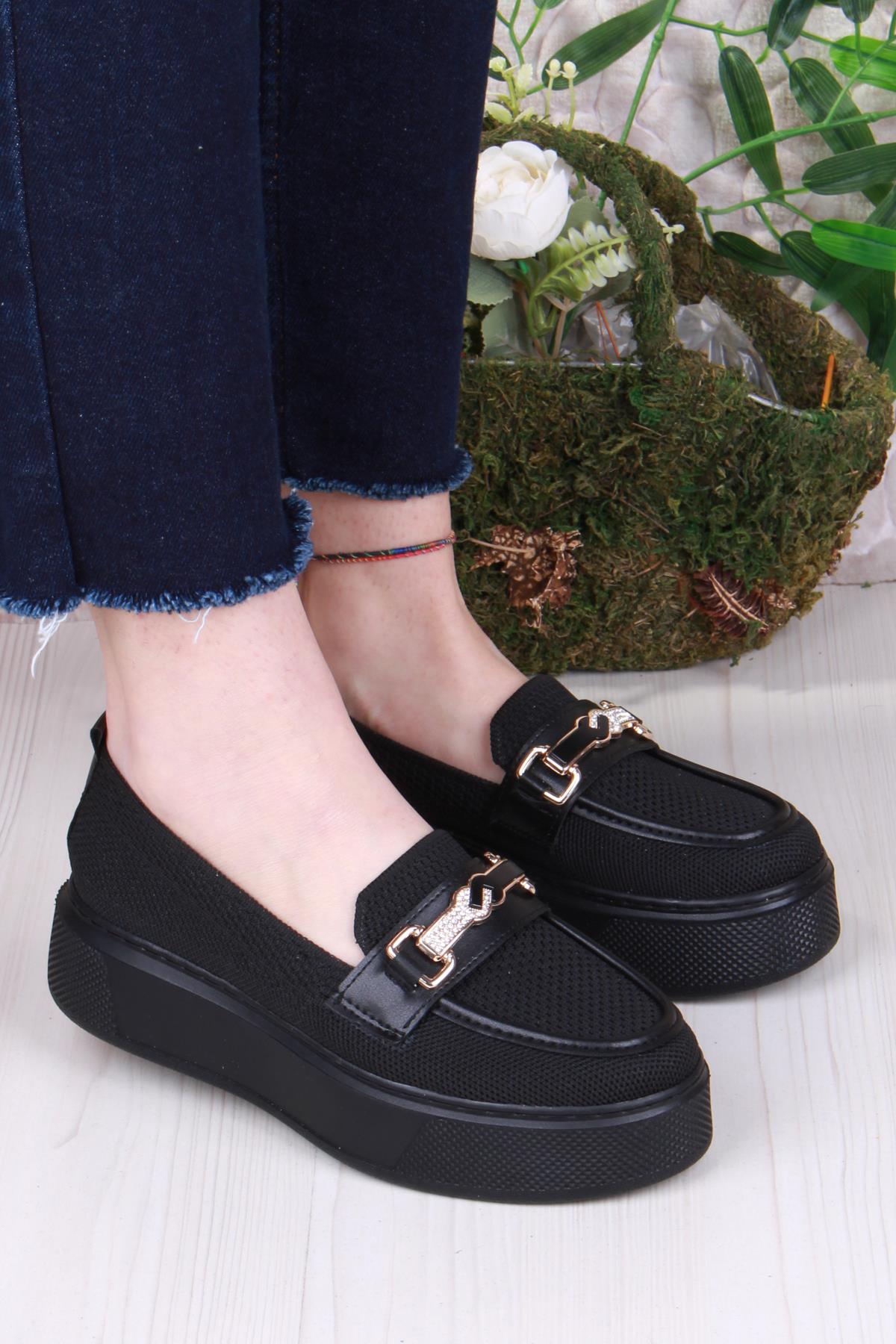 346101 Triko Toka Detaylı Kalın Taban Rahat Loafer Kadın Ayakkabı - Görsel 2