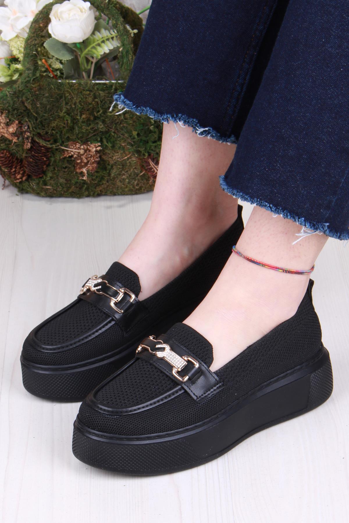 346101 Triko Toka Detaylı Kalın Taban Rahat Loafer Kadın Ayakkabı - Görsel 4
