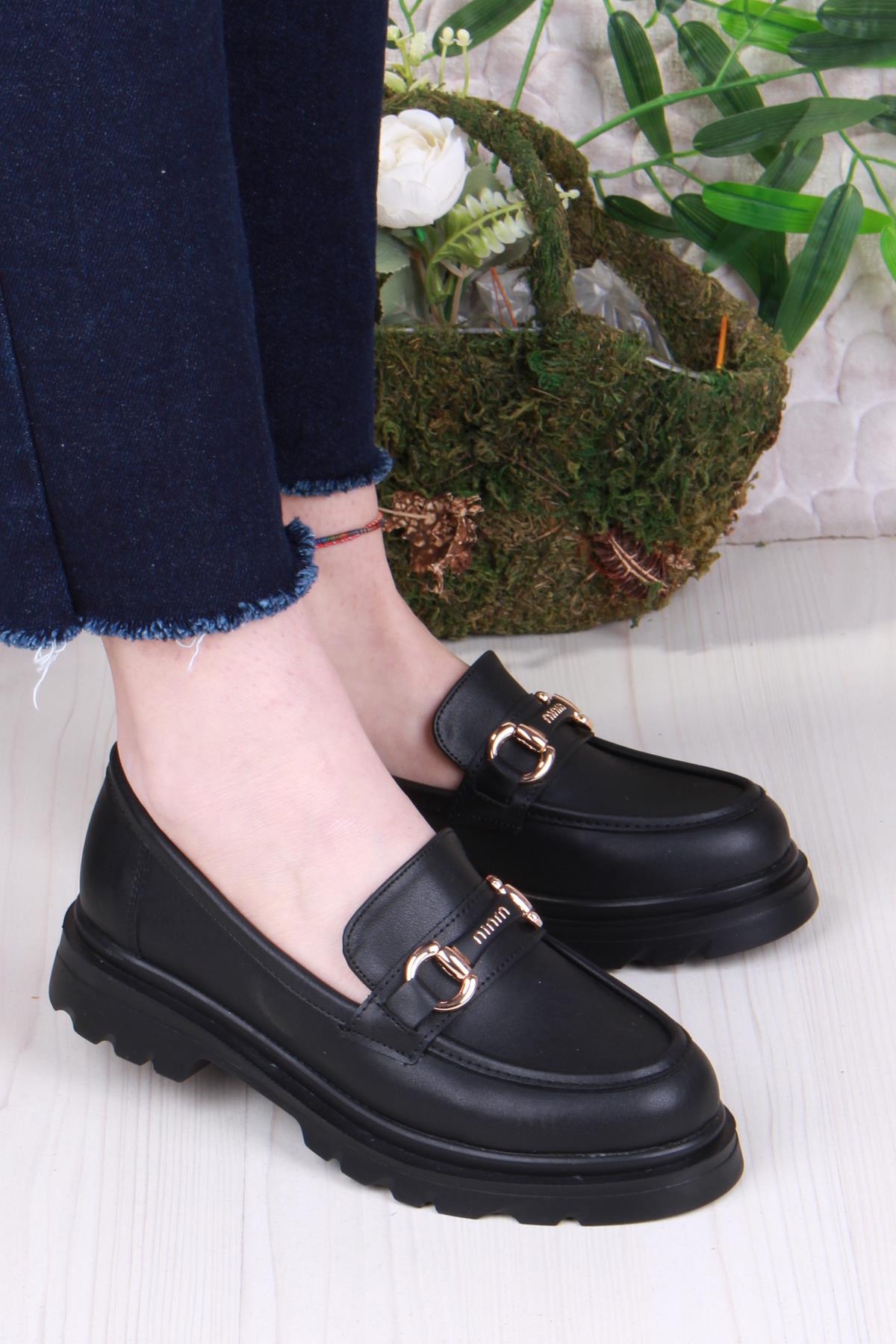 35809 Siyah Cilt Toka Detaylı Rahat Loafer Kadın Ayakkabı - Görsel 2