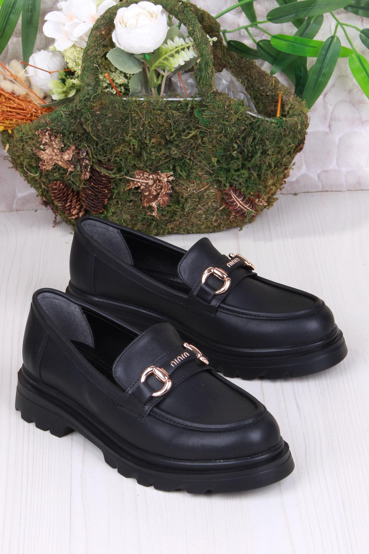 35809 Siyah Cilt Toka Detaylı Rahat Loafer Kadın Ayakkabı - Görsel 3