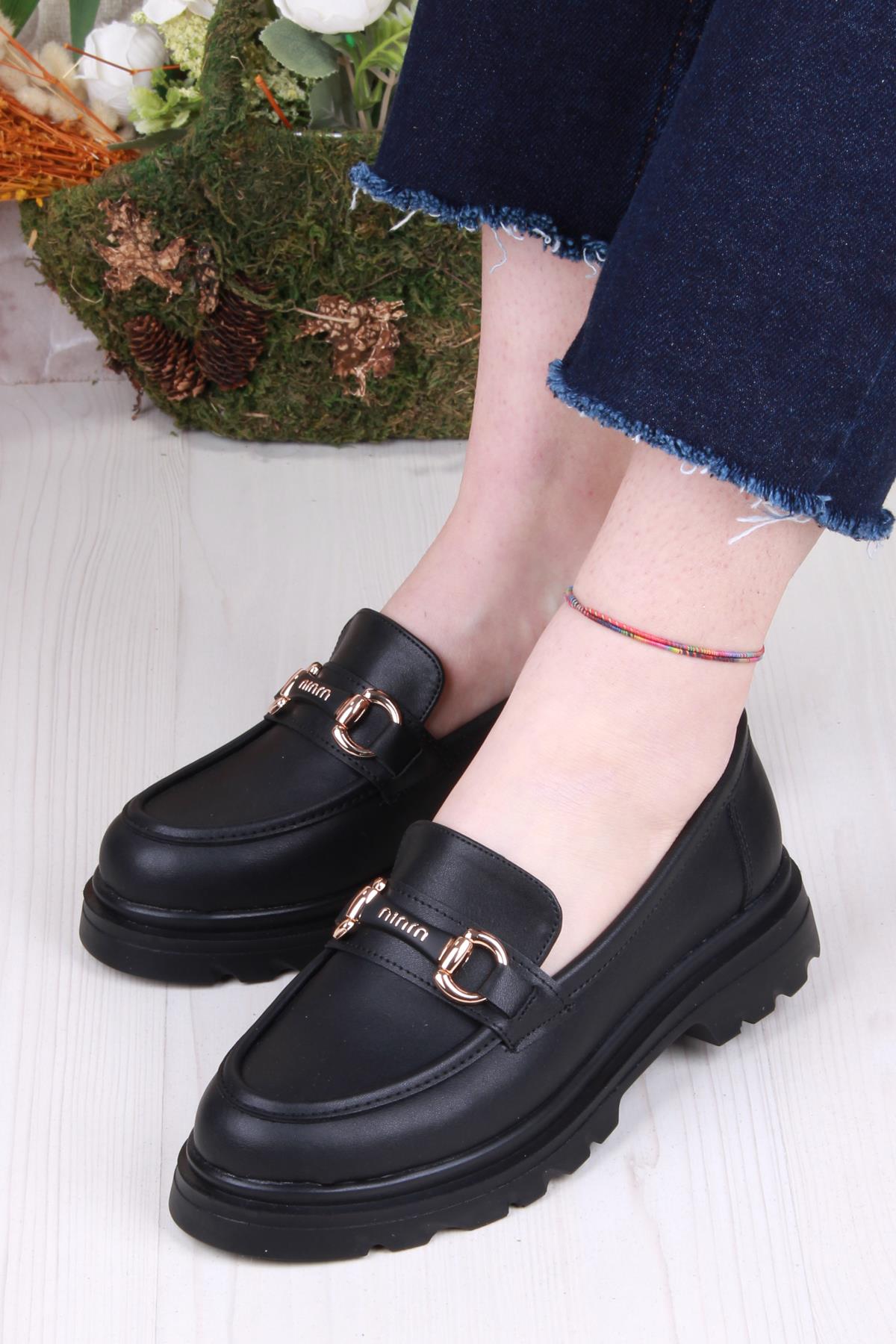 35809 Siyah Cilt Toka Detaylı Rahat Loafer Kadın Ayakkabı - Görsel 4