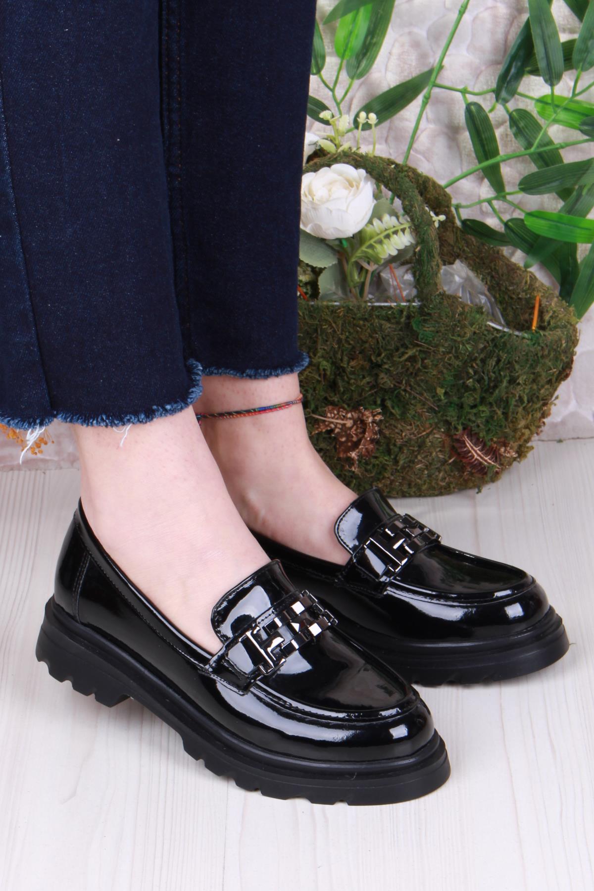 35801 Siyah Rugan Toka Detaylı Rahat Loafer Kadın Ayakkabı - Görsel 2