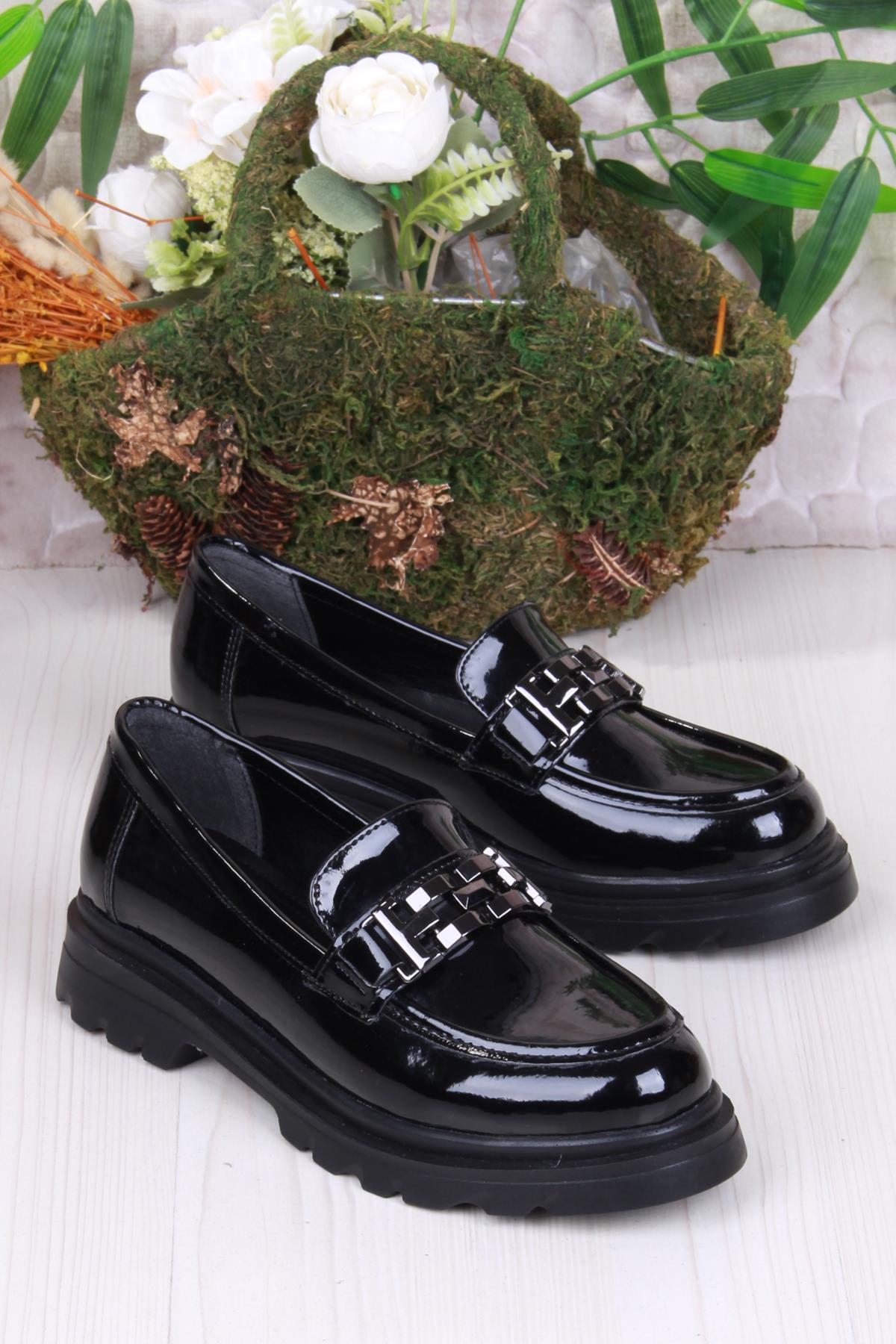 35801 Siyah Rugan Toka Detaylı Rahat Loafer Kadın Ayakkabı - Görsel 3