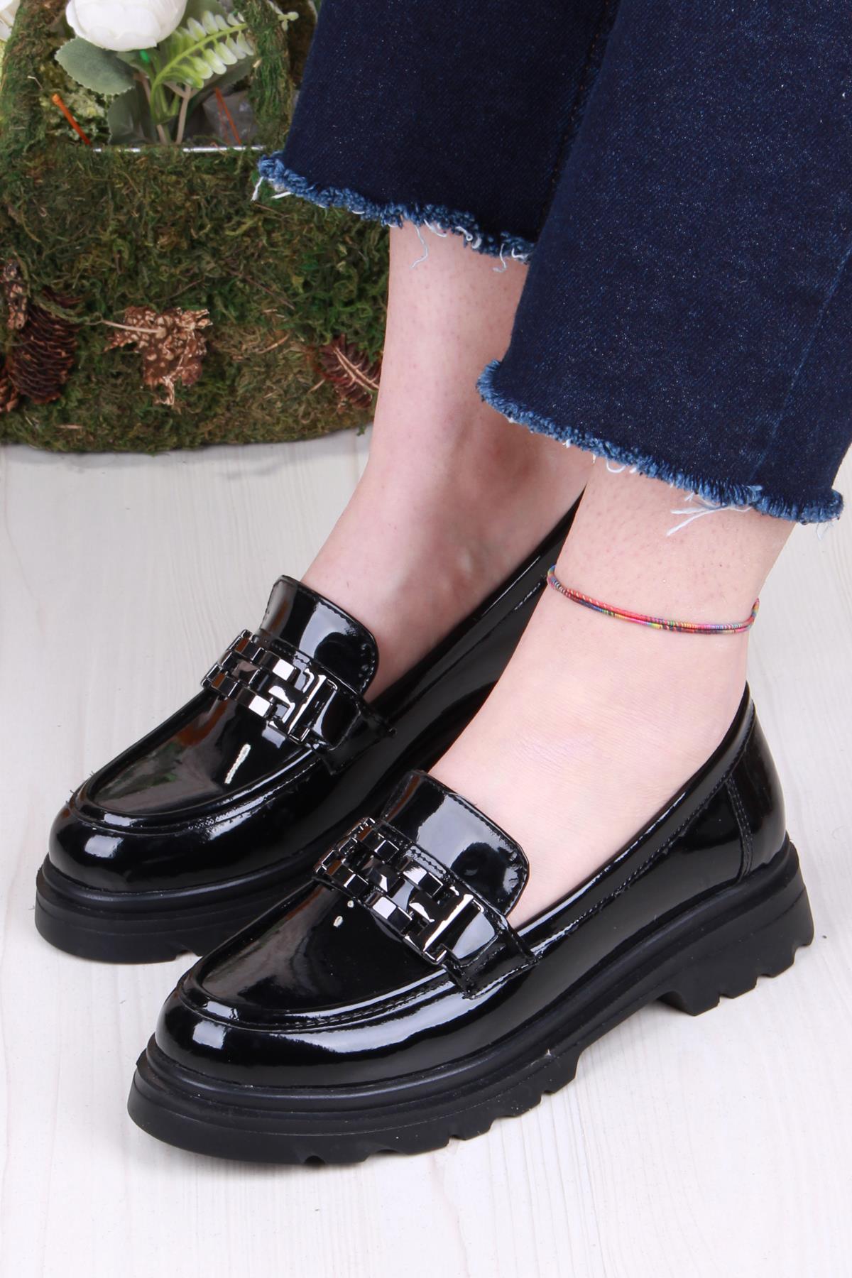 35801 Siyah Rugan Toka Detaylı Rahat Loafer Kadın Ayakkabı - Görsel 4