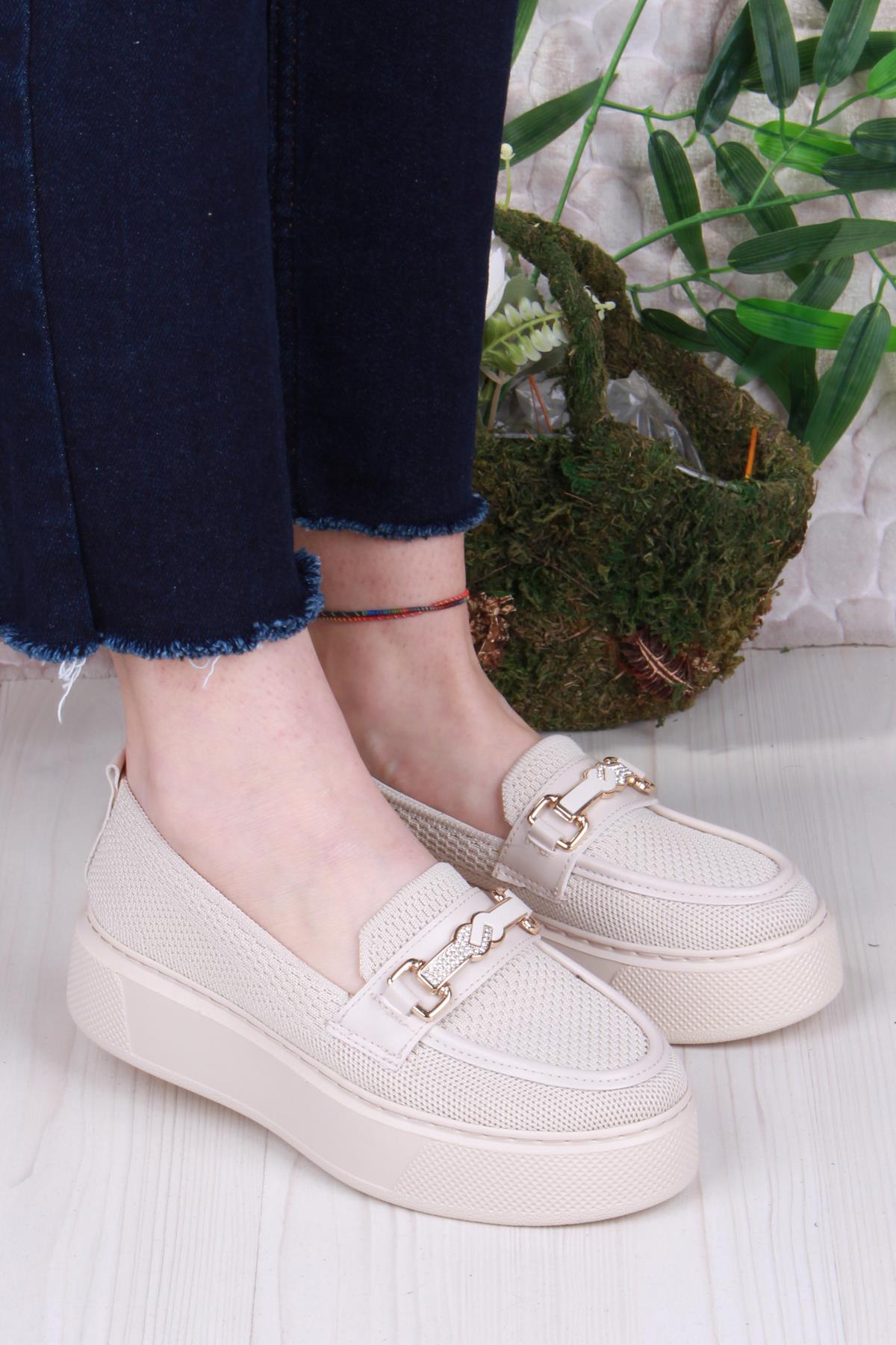 346101 Triko Toka Detaylı Kalın Taban Rahat Loafer Kadın Ayakkabı - Görsel 2