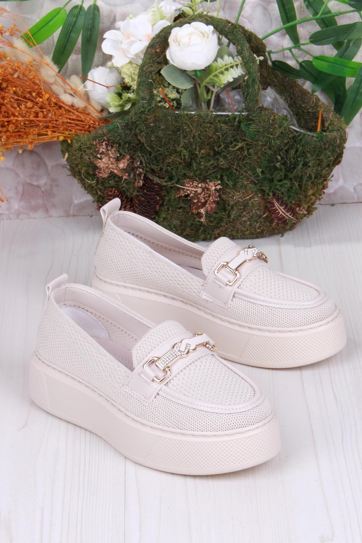 346101 Triko Toka Detaylı Kalın Taban Rahat Loafer Kadın Ayakkabı - Görsel 3