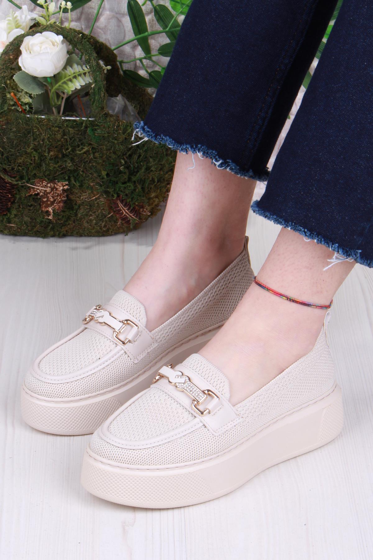 346101 Triko Toka Detaylı Kalın Taban Rahat Loafer Kadın Ayakkabı - Görsel 4