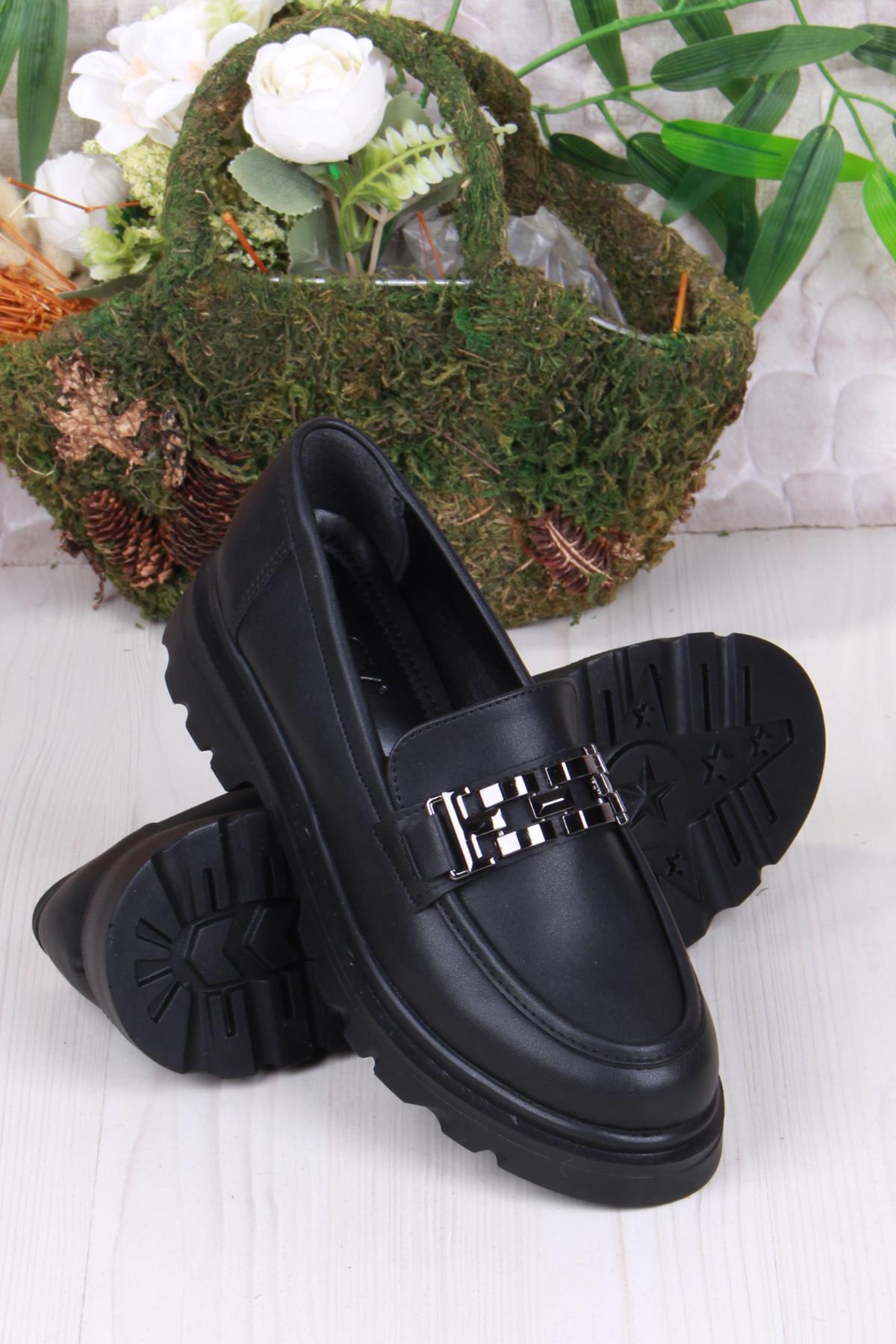 35801 Siyah Cilt Toka Detaylı Rahat Loafer Kadın Ayakkabı - Görsel 5