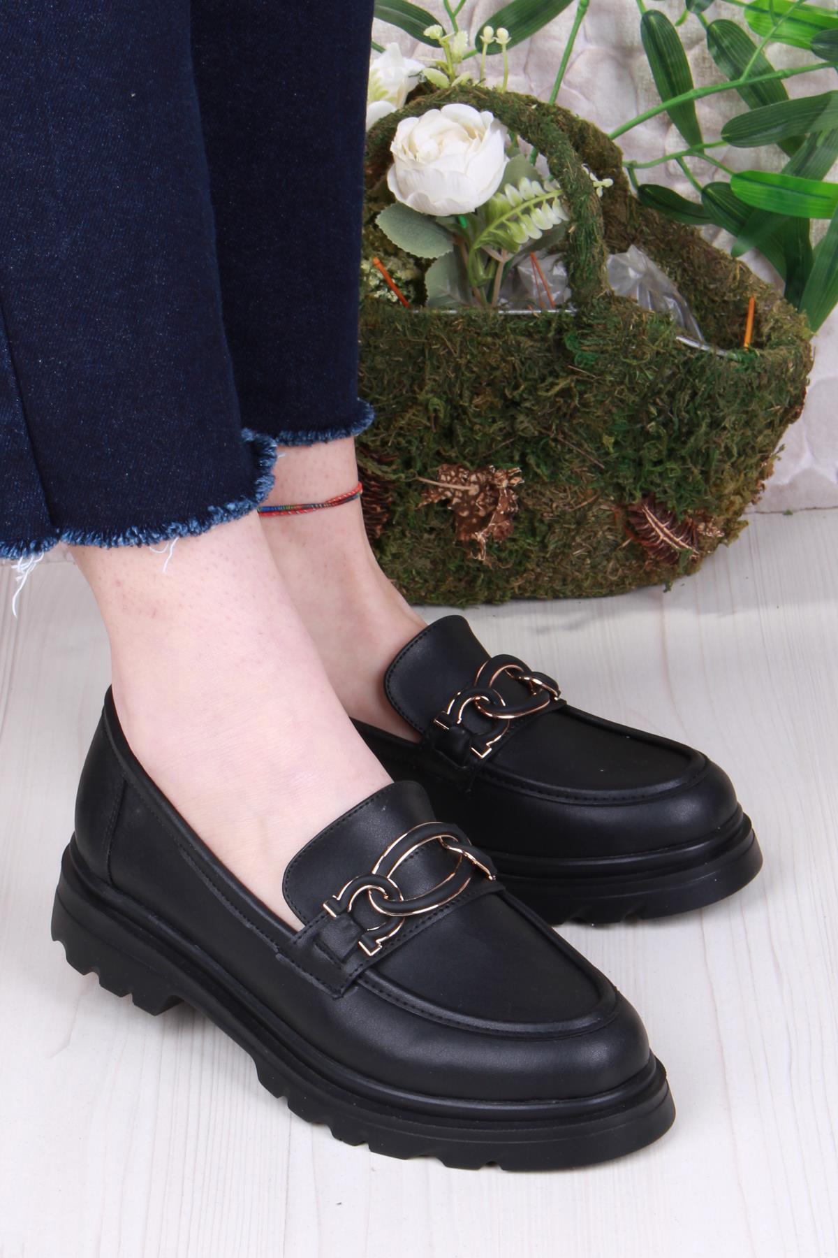 35819 Siyah Cilt Toka Detaylı Rahat Loafer Kadın Ayakkabı - Görsel 2