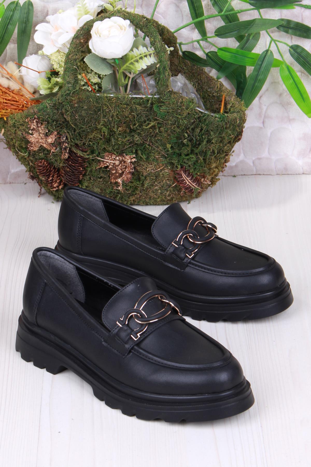 35819 Siyah Cilt Toka Detaylı Rahat Loafer Kadın Ayakkabı - Görsel 3