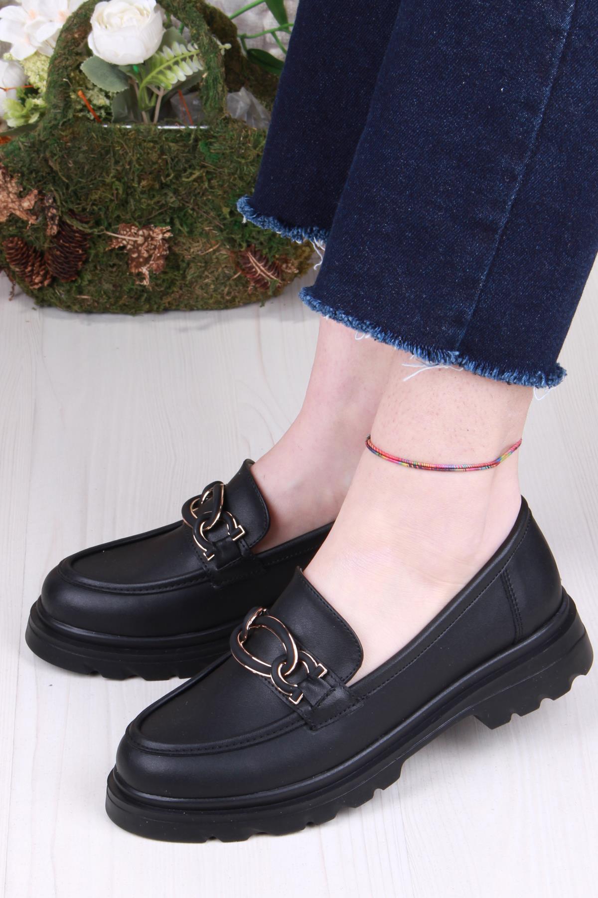 35819 Siyah Cilt Toka Detaylı Rahat Loafer Kadın Ayakkabı - Görsel 4