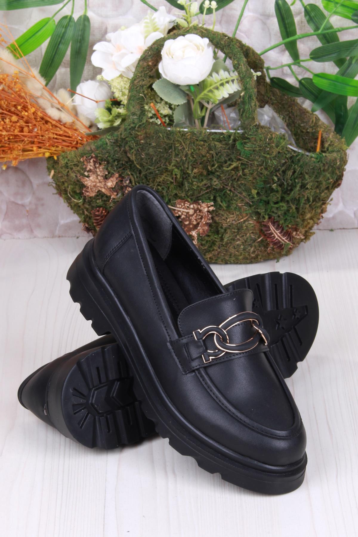 35819 Siyah Cilt Toka Detaylı Rahat Loafer Kadın Ayakkabı - Görsel 5