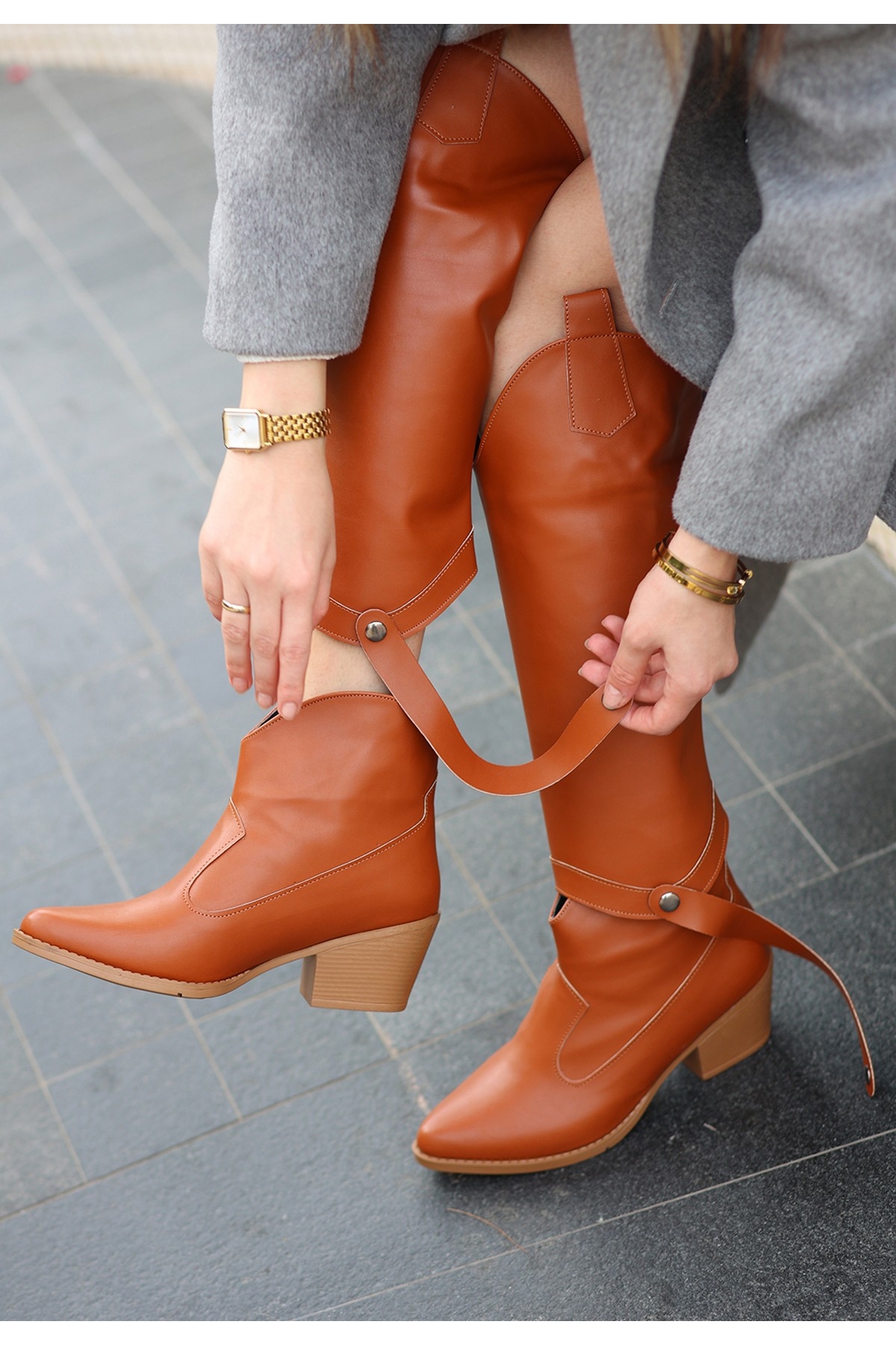Kadın Taba Suni Deri Tak Çıkar Topuklu Bot Ve Çizme - Görsel 2