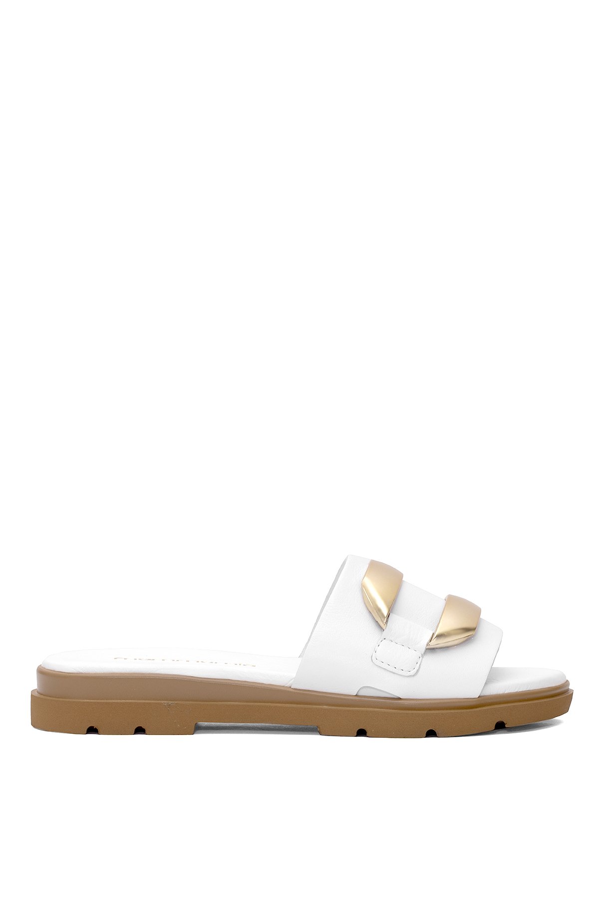 D25YT-1375 Kadın Hakiki Deri Düz Terlik Beyaz - Görsel 2