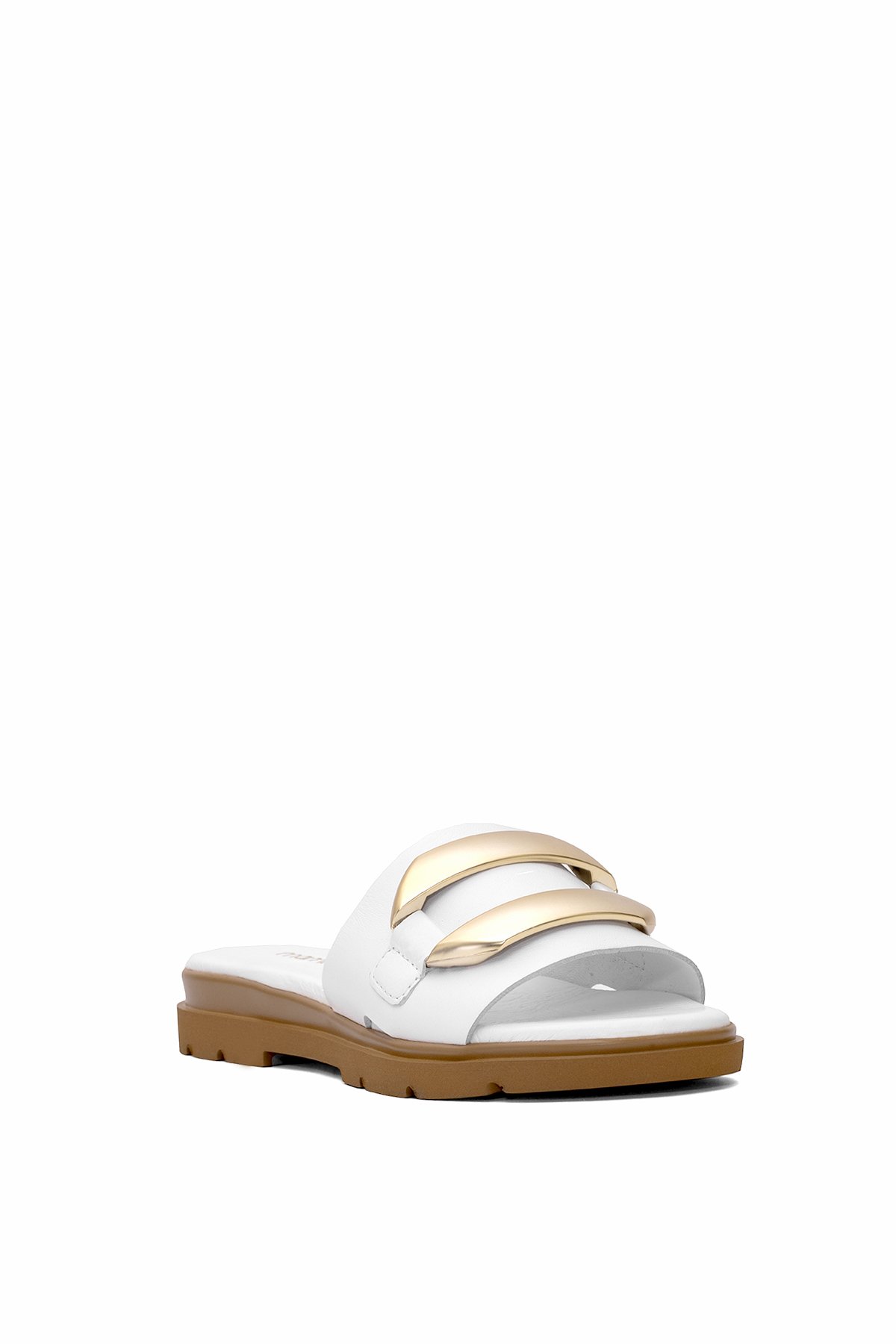 D25YT-1375 Kadın Hakiki Deri Düz Terlik Beyaz - Görsel 3