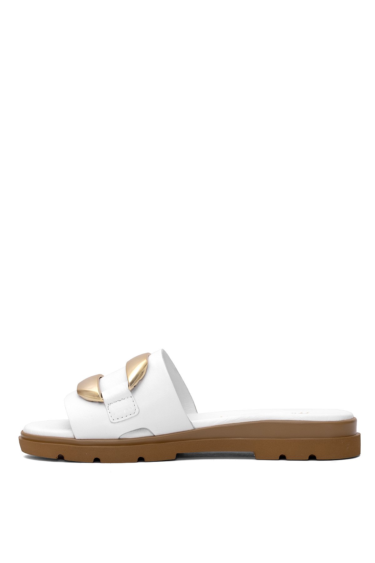 D25YT-1375 Kadın Hakiki Deri Düz Terlik Beyaz - Görsel 4