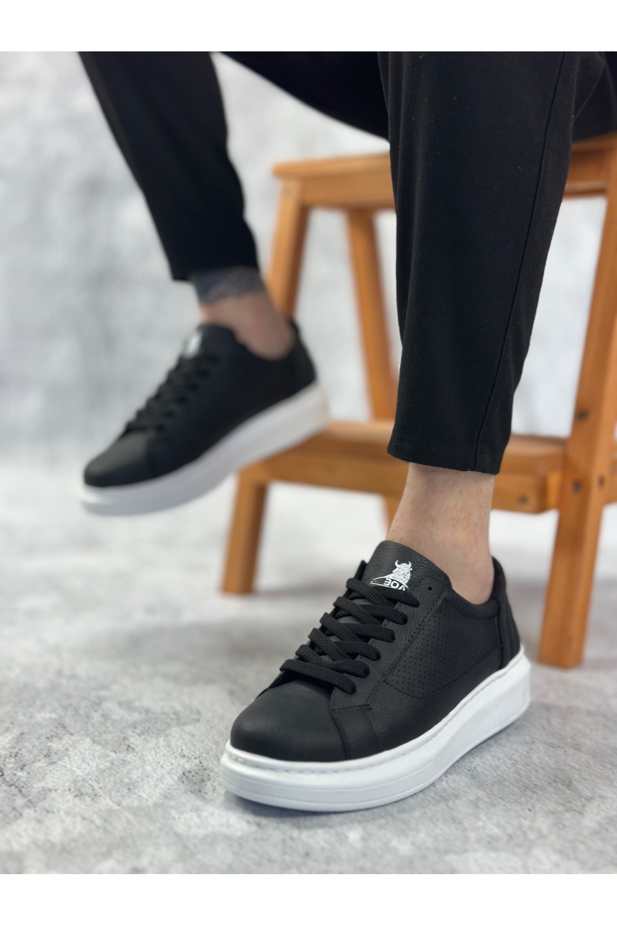 Bağcıklı Yüksek Taban Erkek Spor Ayakkabı SİYAH (BEYAZ TABAN) - Görsel 2