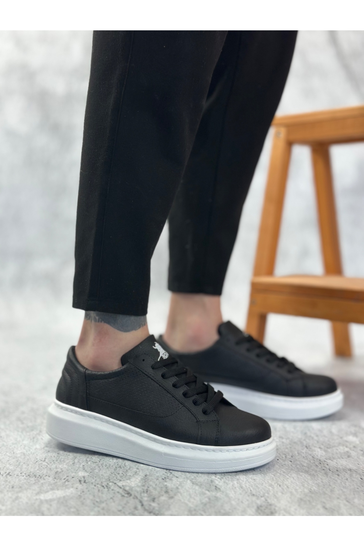 Bağcıklı Yüksek Taban Erkek Spor Ayakkabı SİYAH (BEYAZ TABAN) - Görsel 3