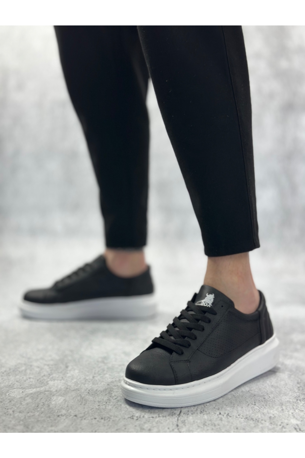 Bağcıklı Yüksek Taban Erkek Spor Ayakkabı SİYAH (BEYAZ TABAN) - Görsel 4