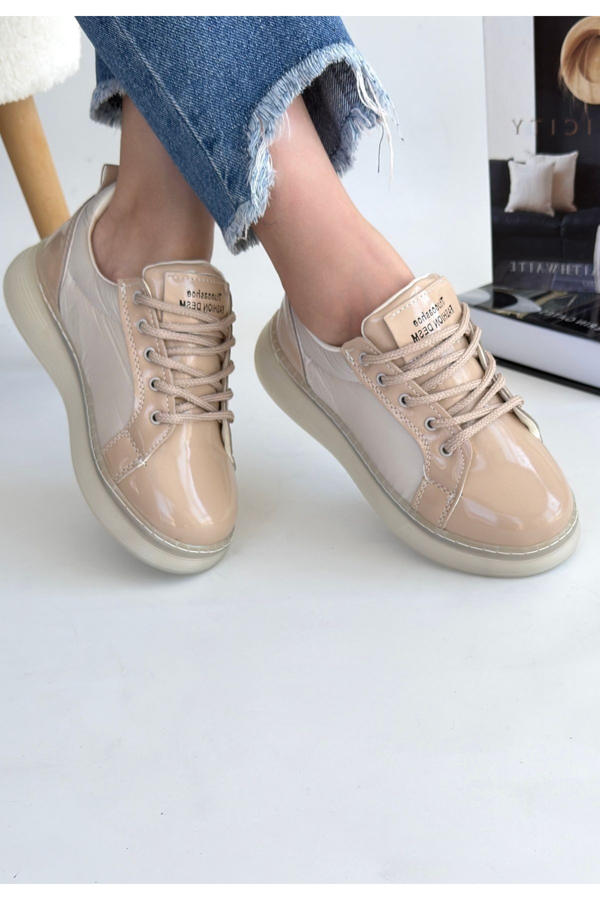 Bej Rugan Bağcıklı Kadın Spor Ayakkabı - Görsel 4