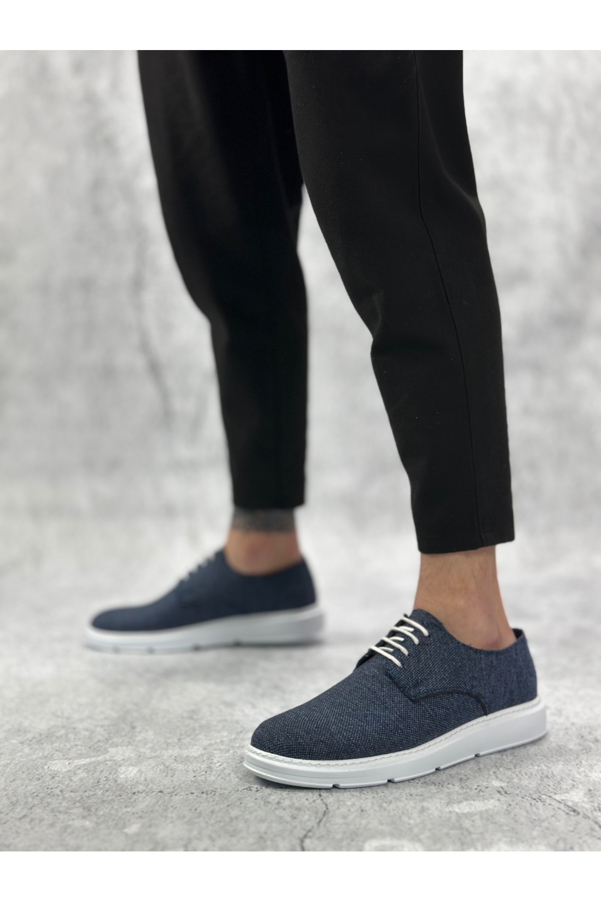 Bağcıklı Keten Casual Erkek Ayakkabı LACİVERT (BEYAZ TABAN) - Görsel 2