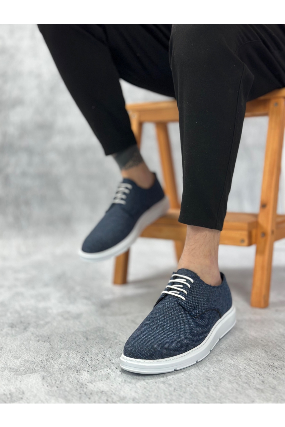 Bağcıklı Keten Casual Erkek Ayakkabı LACİVERT (BEYAZ TABAN) - Görsel 3