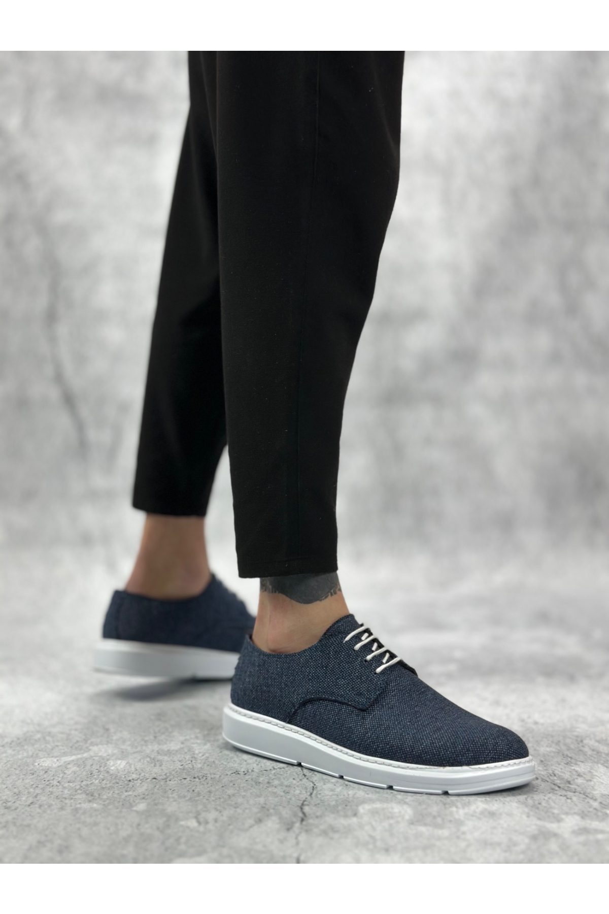 Bağcıklı Keten Casual Erkek Ayakkabı LACİVERT (BEYAZ TABAN) - Görsel 4