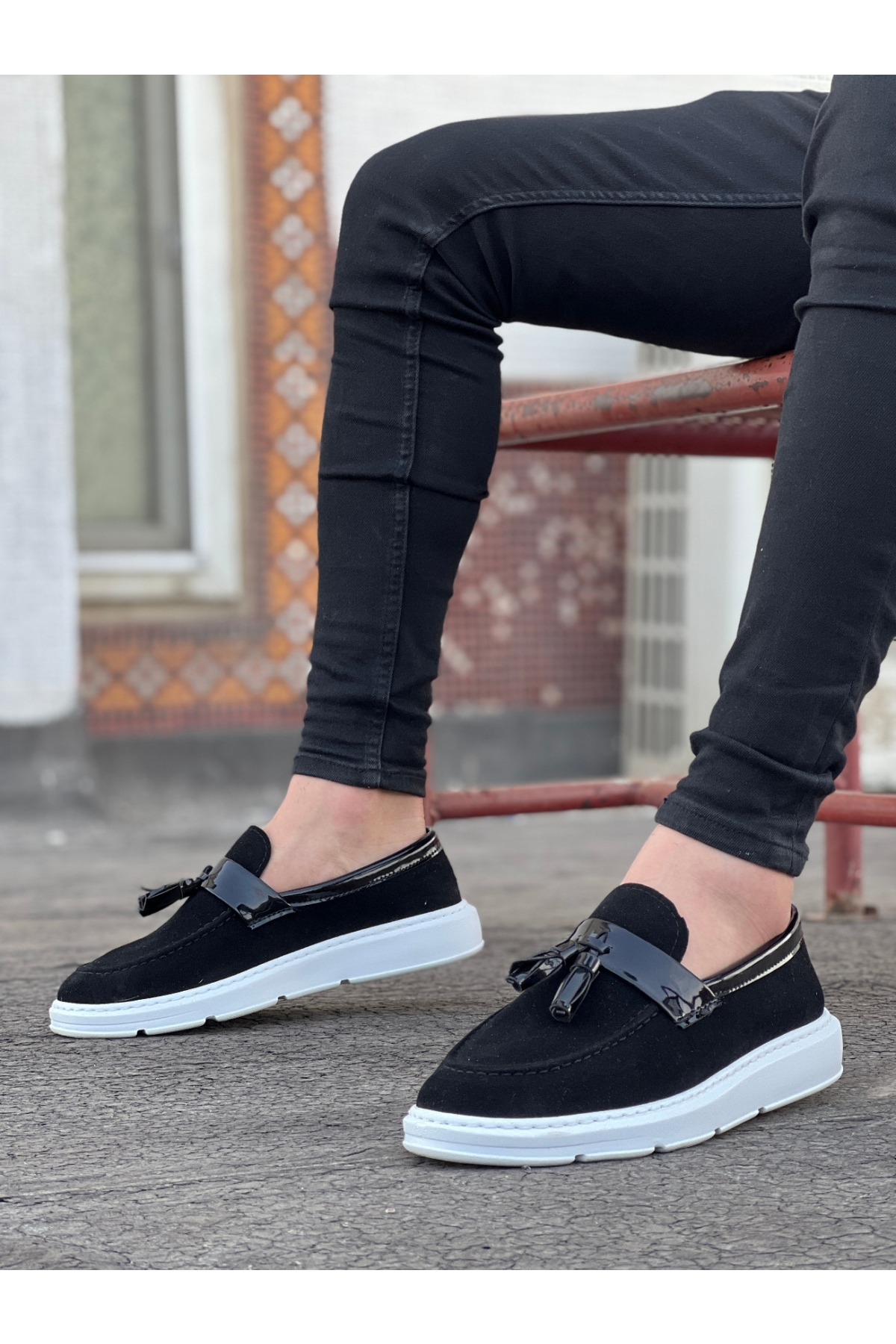 Bağcıksız Püsküllü Erkek Ayakkabı SİYAH SÜET (BEYAZ TABAN) - Görsel 2